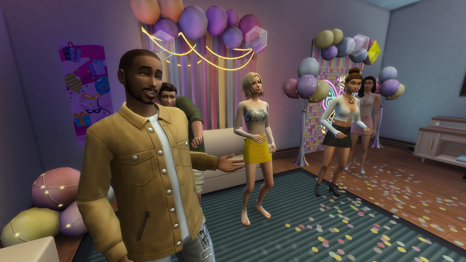 Sims hablando en una fiesta El kit esencial para la fiesta de Los Sims 4.
