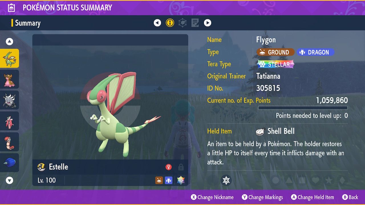 Una captura de pantalla de Pokémon Violet que muestra una pantalla de estado donde un Flygon tiene el tipo Stellar Tera.