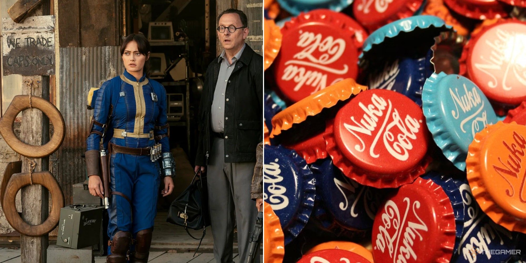 collague que muestra una escena de la serie Fallout junto a muchas tapas de botellas de nuka cola