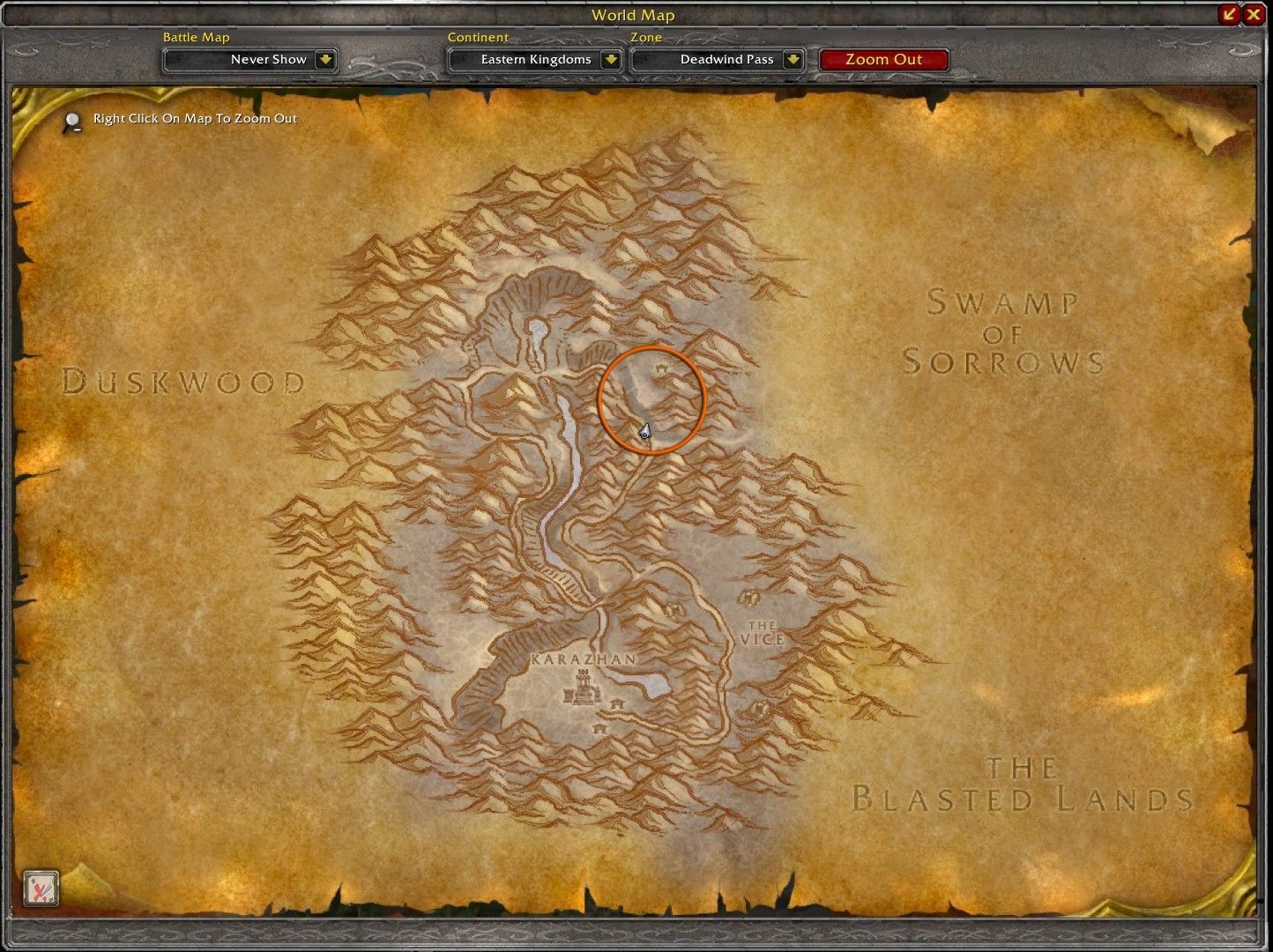 El campamento de Ariden y su ubicación en un círculo naranja en el mapa de Deadwind Pass.