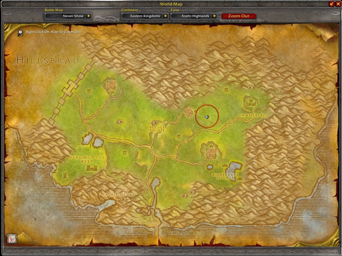 Ubicación del jinete oscuro en el mapa de las tierras altas de Arathi, con un círculo naranja.