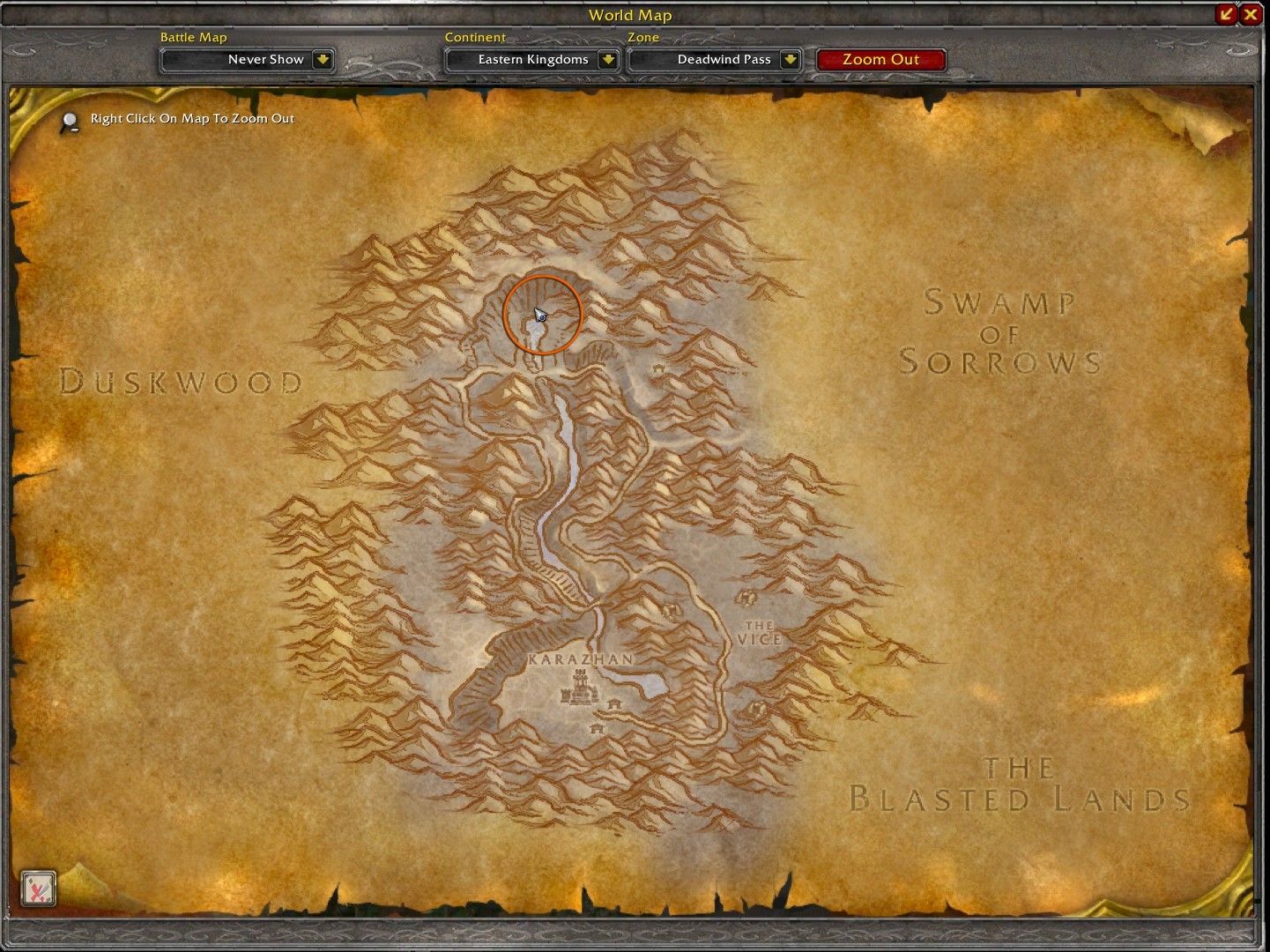 ubicación del jinete oscuro en el mapa del paso de Deadwind, con un círculo naranja