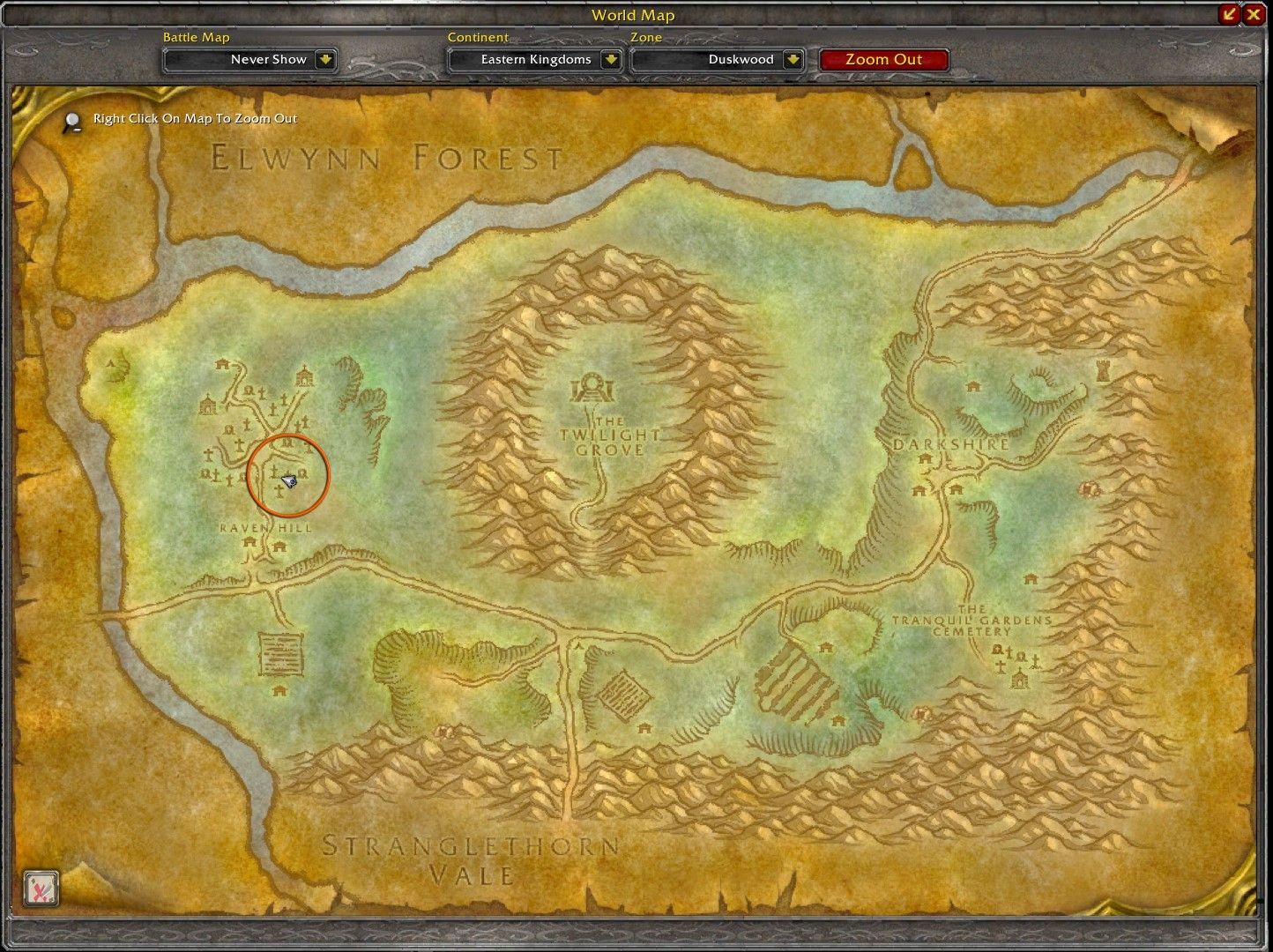 Ubicación del jinete oscuro en el mapa de Twilightwood, con un círculo naranja.