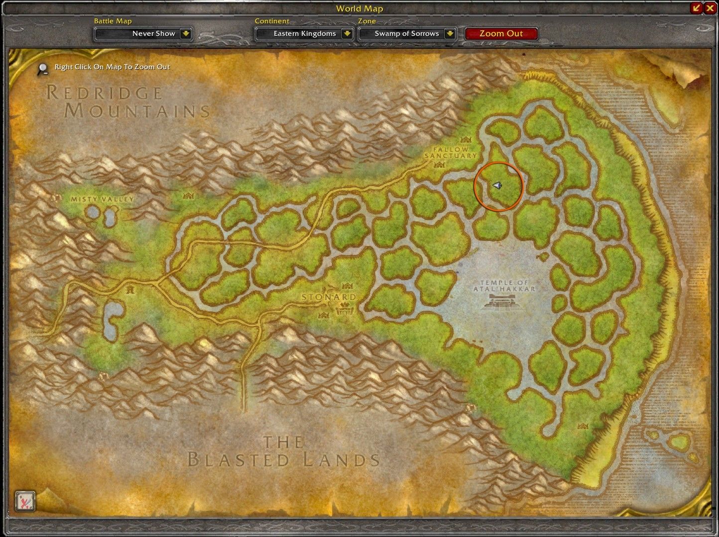 Ubicación del Jinete Oscuro en el mapa del Pantano de las Penas, rodeada de un círculo naranja.