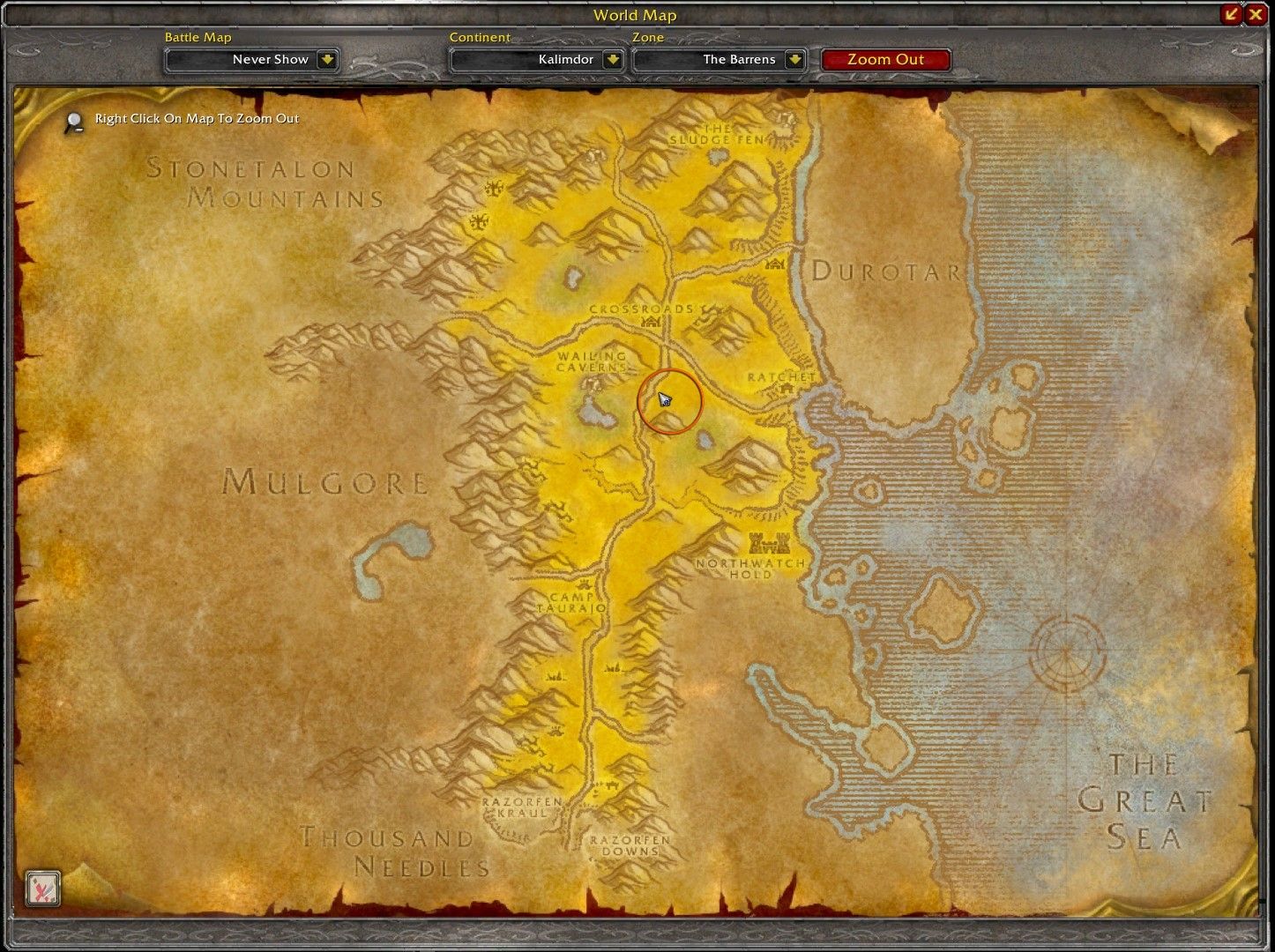 Ubicación del jinete oscuro en el mapa de los Baldíos, con un círculo naranja.