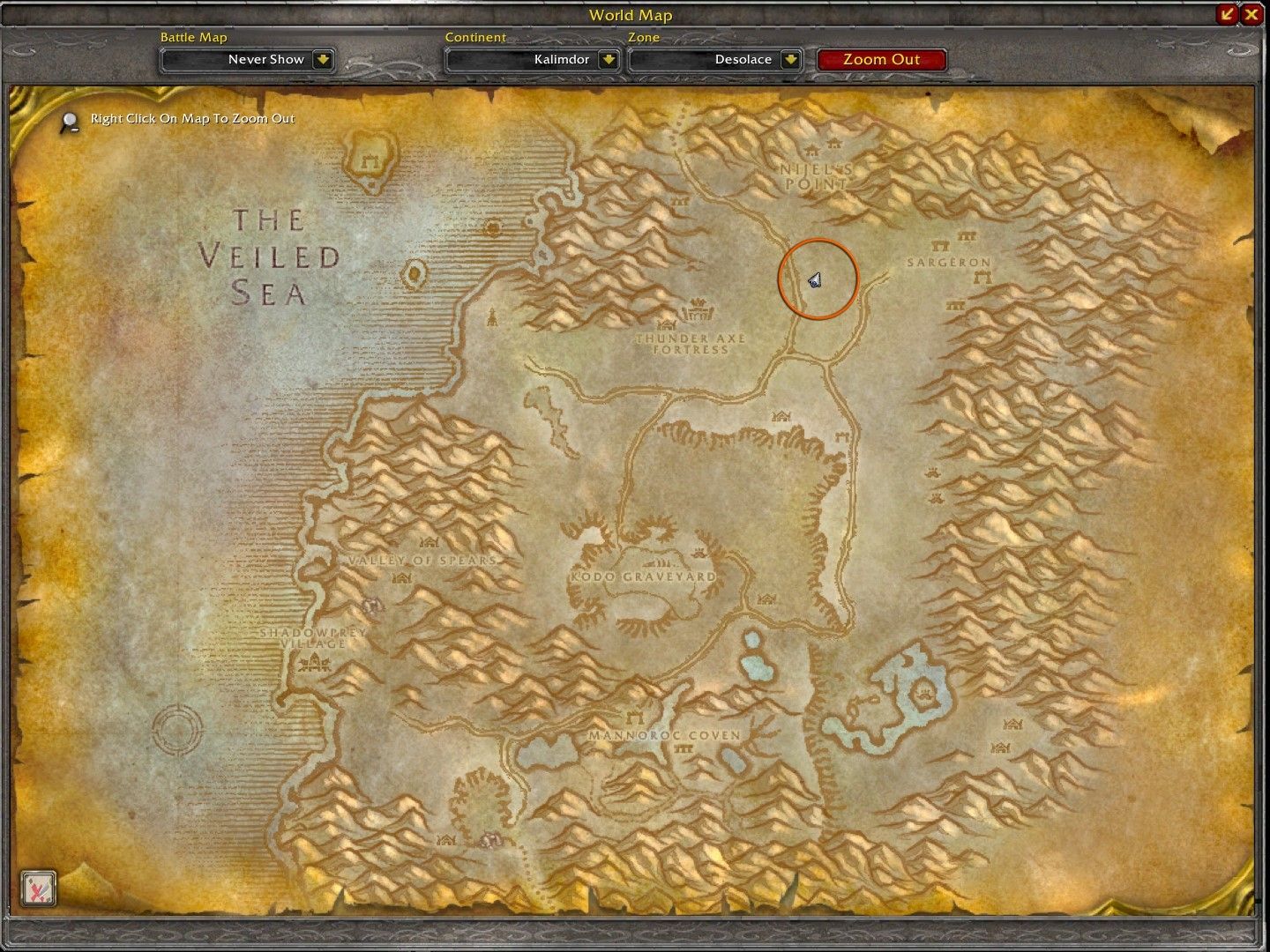 Ubicación del Jinete Oscuro en el mapa de Desolace, con un círculo naranja.