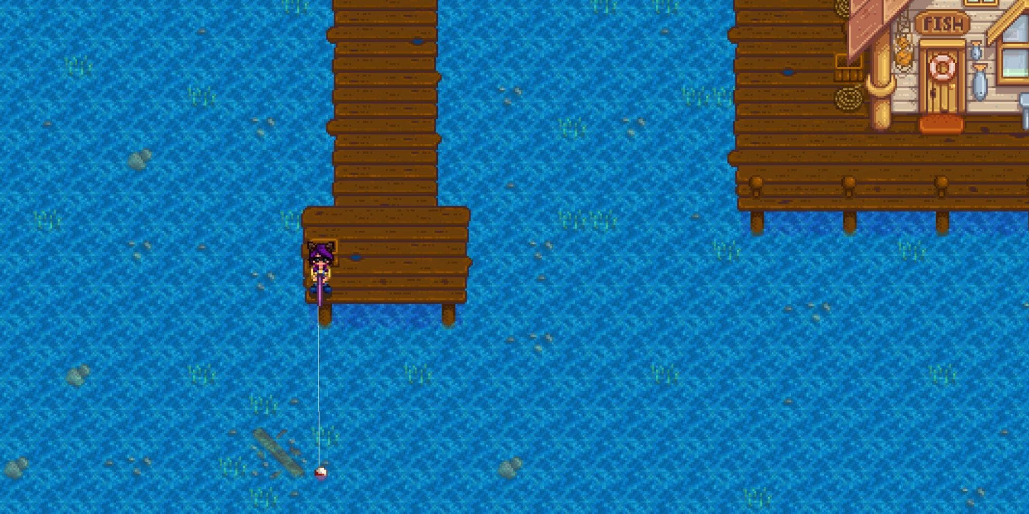Jugador de Stardew Valley pescando en un muelle