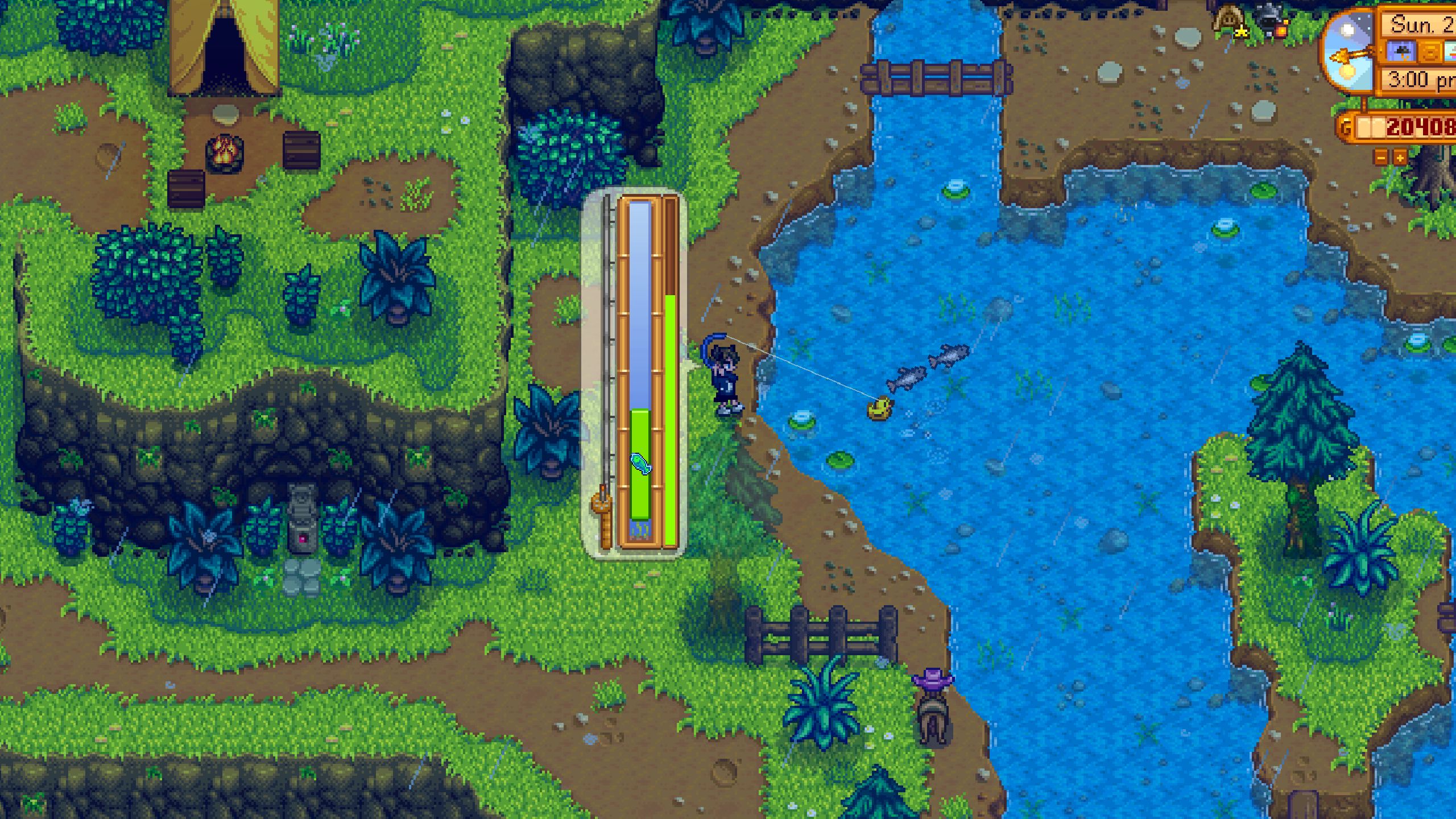 Una imagen del minijuego Stardew Valley of the Fishing Frenzy.  Al capturar estos peces a la perfección, puede obtener una gran cantidad de ganancias. 