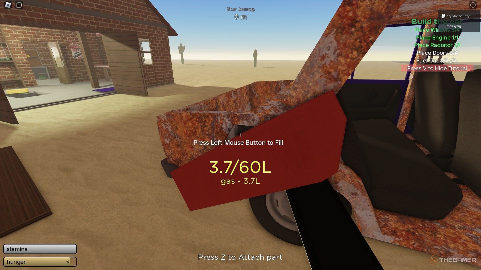 Usando un bote de gasolina para llenar el tanque de gasolina del auto con el LMB en The Dusty Trip en Roblox.