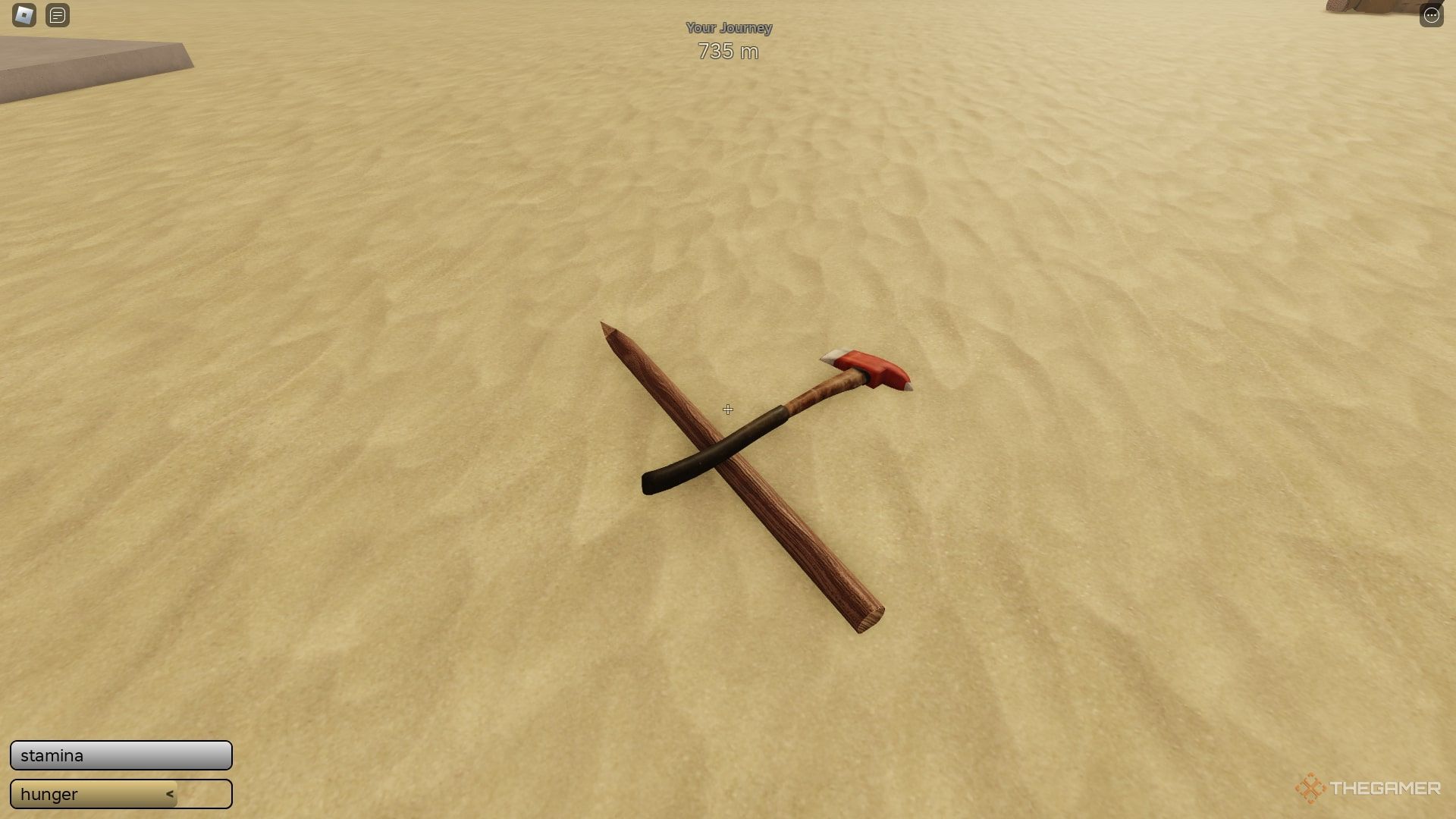 Un hacha de fuego colocada sobre una lanza de madera en el suelo en The Dusty Trip en Roblox.