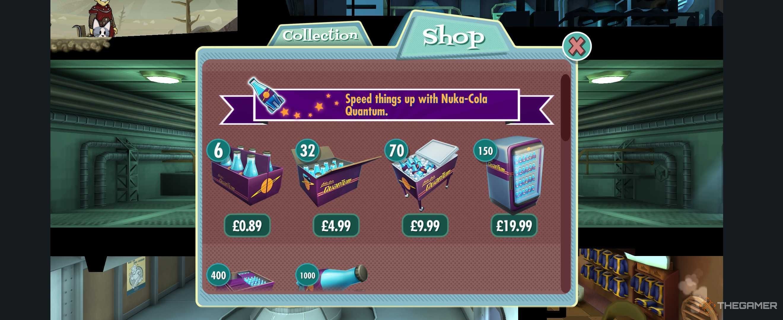 El frente de la tienda Fallout Shelter que muestra paquetes de Nuke Cola Quantum.