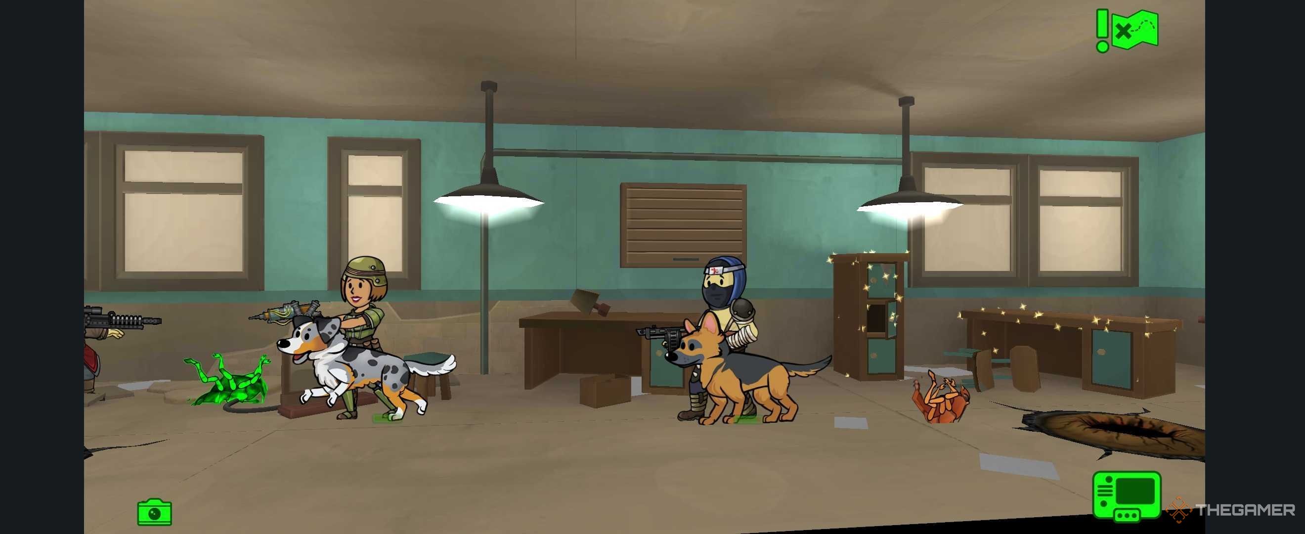 Habitantes con mascotas durante una misión en Fallout Shelter.