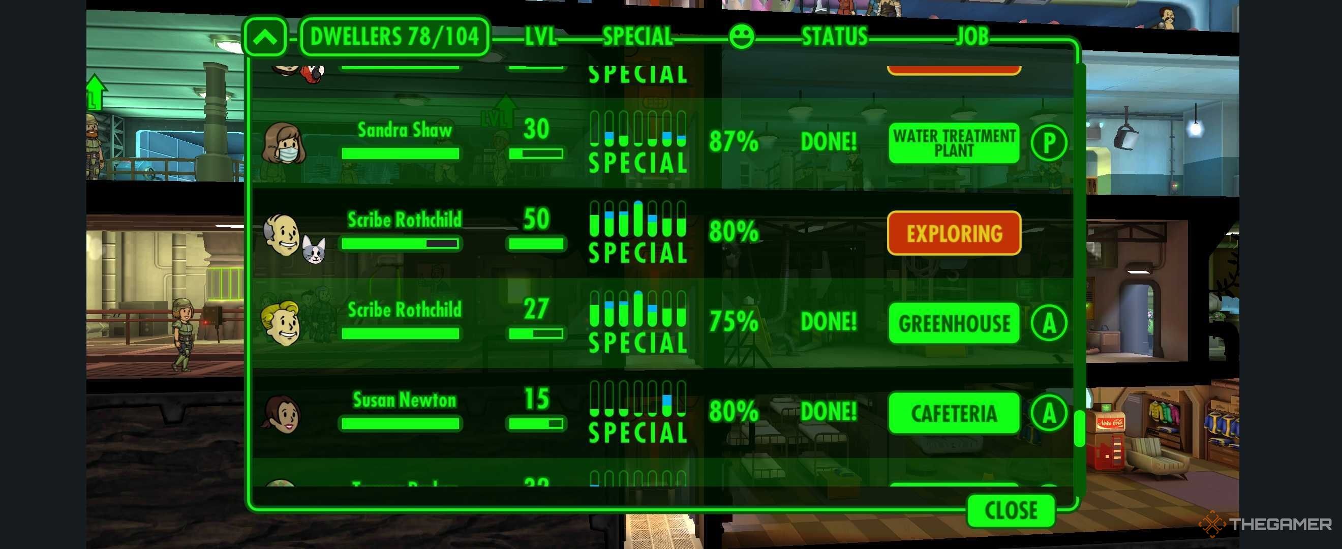 La lista de habitantes de Fallout Shelter que muestra sus niveles y lo que están haciendo.