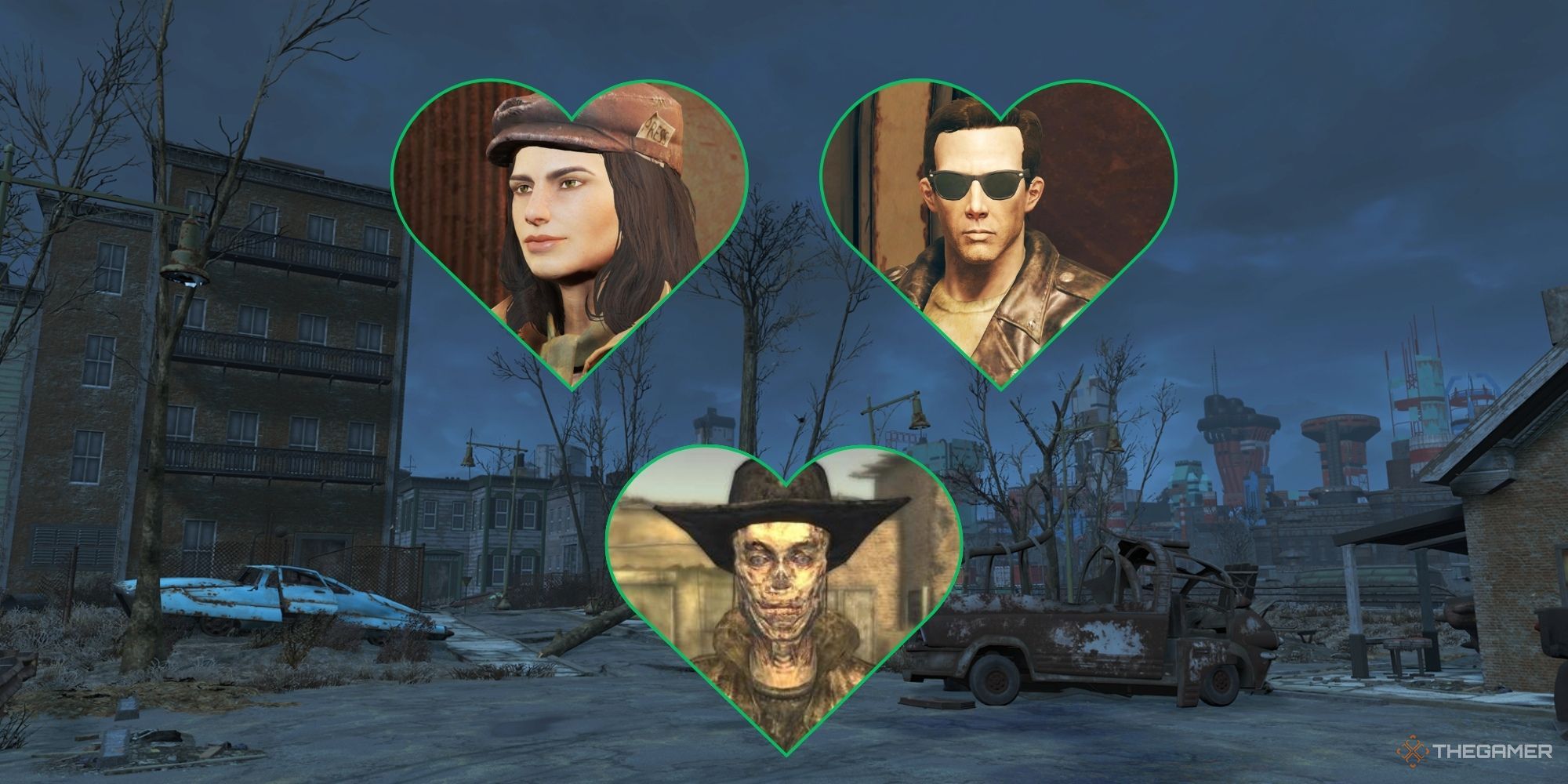 Cuántos romances en la serie Fallout Imagen destacada de personajes en corazones con fondo de páramo