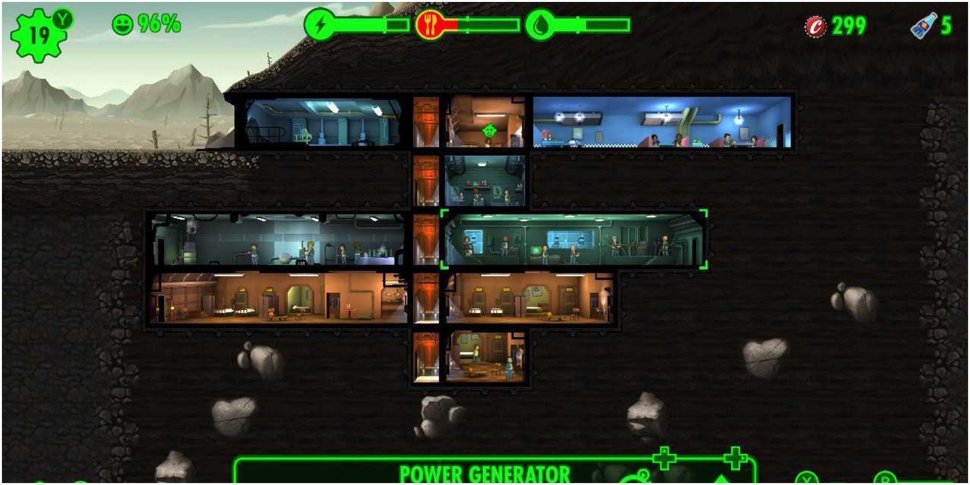Bóveda para principiantes de Fallout Shelter con varias habitaciones y supervivientes