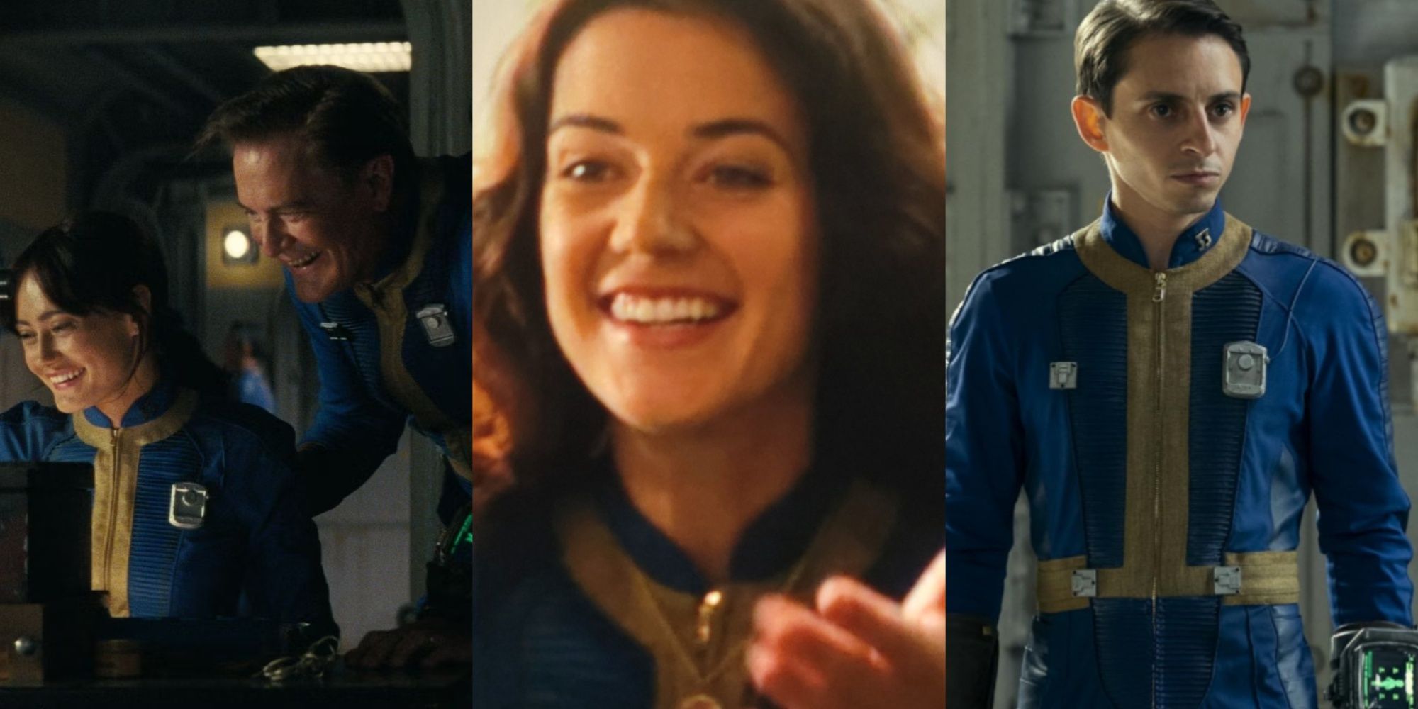Collage de tres imágenes de Lucy y su padre Hank trabajando en un proyecto científico, Rose MacLean extendiendo sus brazos a una joven Lucy y el actor Moisés Arias como Norm MacLean.