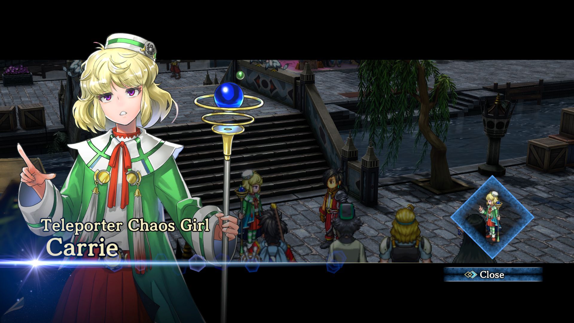 Pantalla de reclutamiento de Carrie de los Cien Héroes de Eiyuden Chronicle
