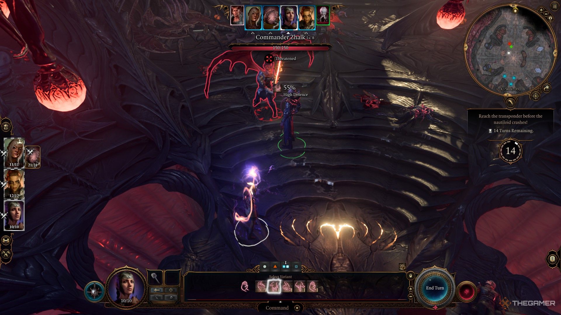 Shadowheart lanza el hechizo Comando al comandante Zhalk en Baldur's Gate 3.