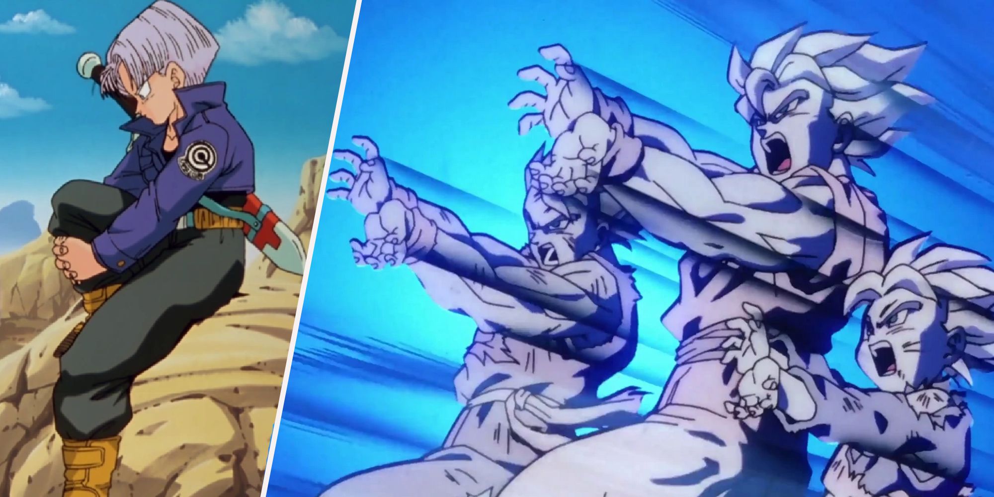 A la izquierda está sentado Future Trunks, a la derecha Gohan, Goku y Goten interpretan un Kamehameha familiar.