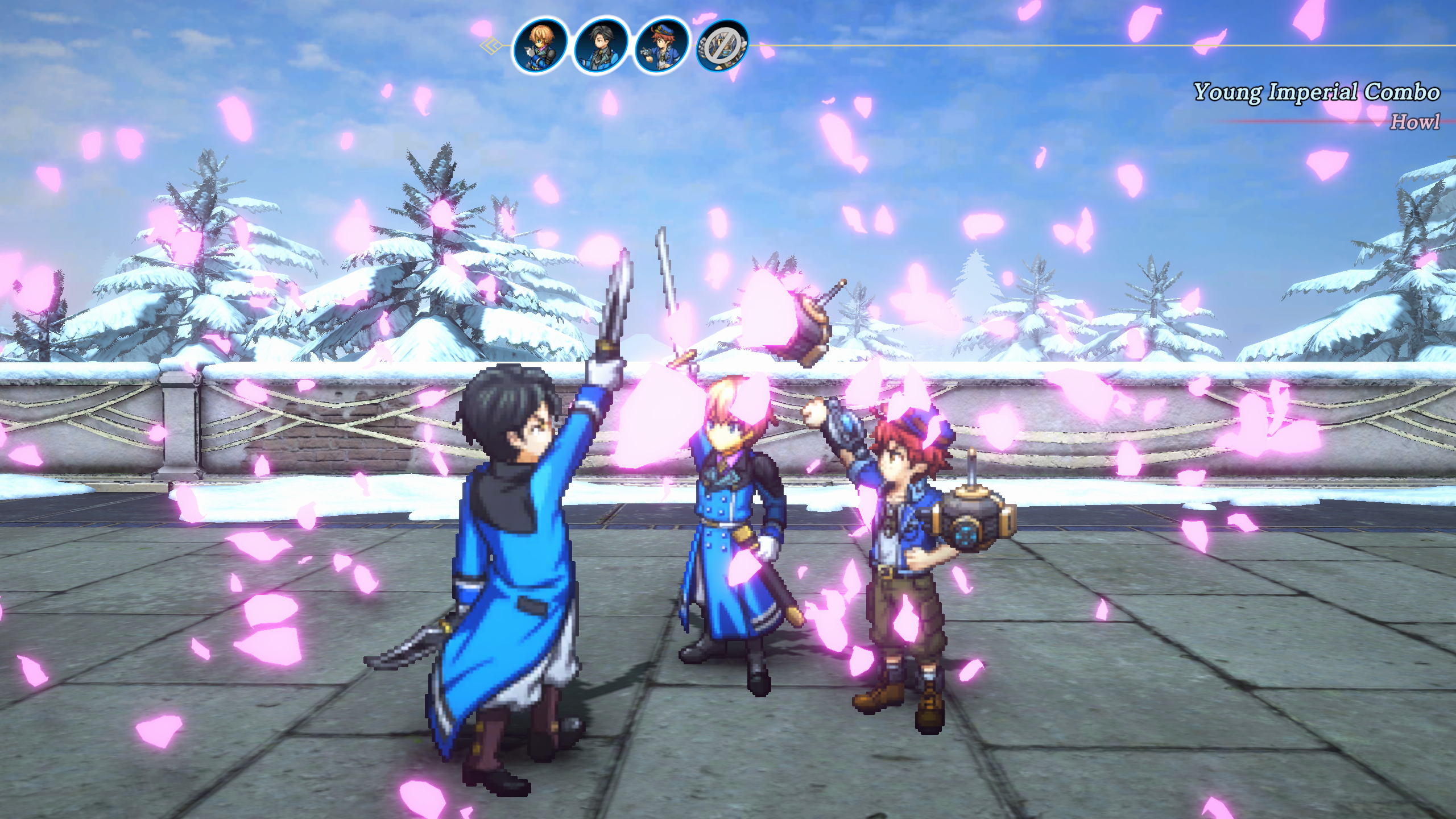 Seign, Valentin y Pohl usando el combo Young Imperial en medio de un fondo nevado en Eiyuden Chronicle