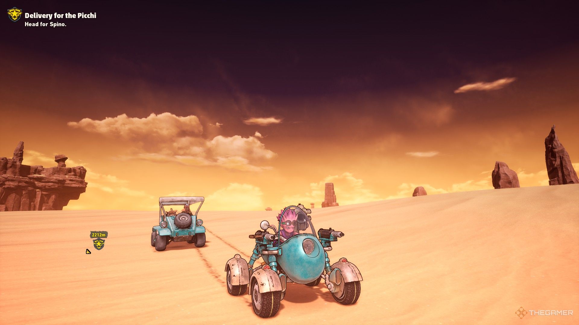 Belcebú explora la tierra arenosa en un buggy, con Rao y el ladrón en el auto detrás de él.