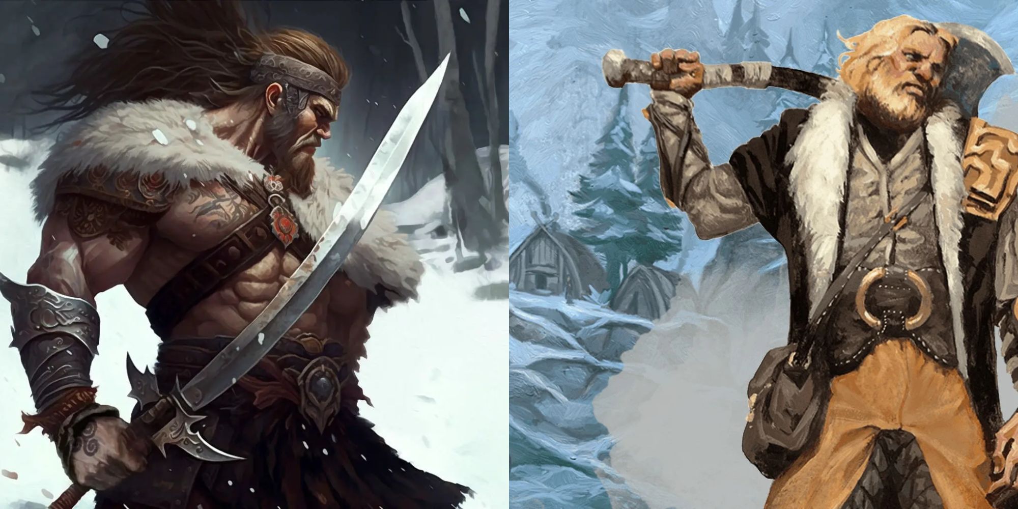 Imagen dividida de dos bárbaros de DND con armamento