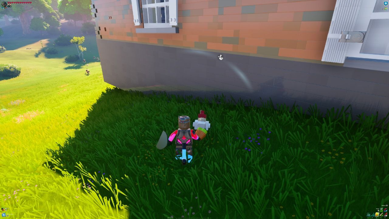 Personaje alimentando a un pollo con un premio animal en Lego Fortnite