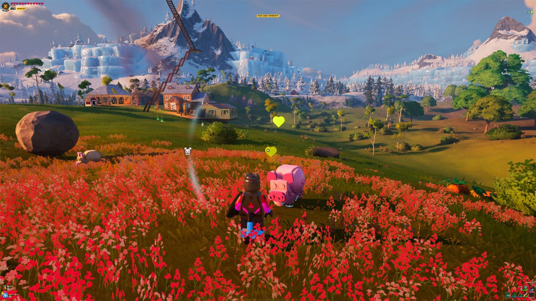 Personaje domando a un cerdo en Lego Fortnite