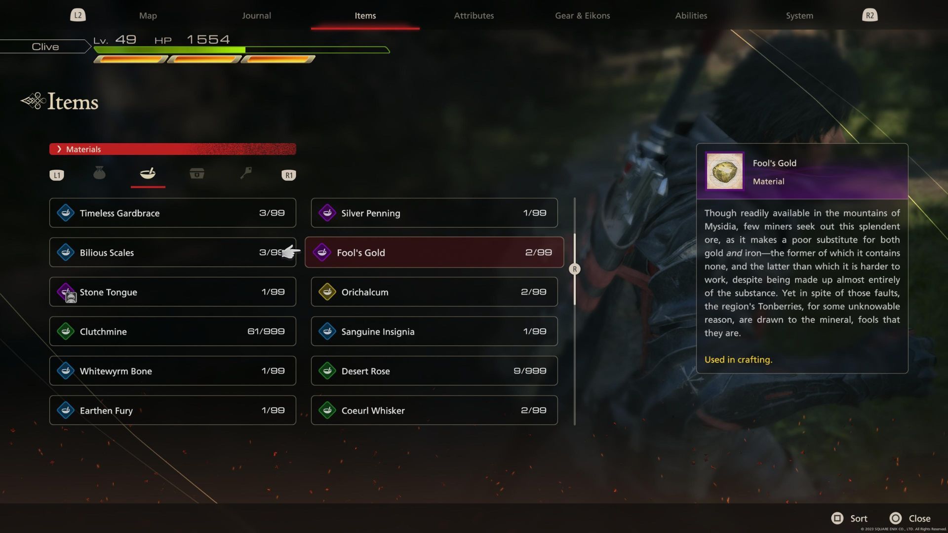 La descripción de Fool's Gold en el menú de elementos Materiales de Final Fantasy 16.