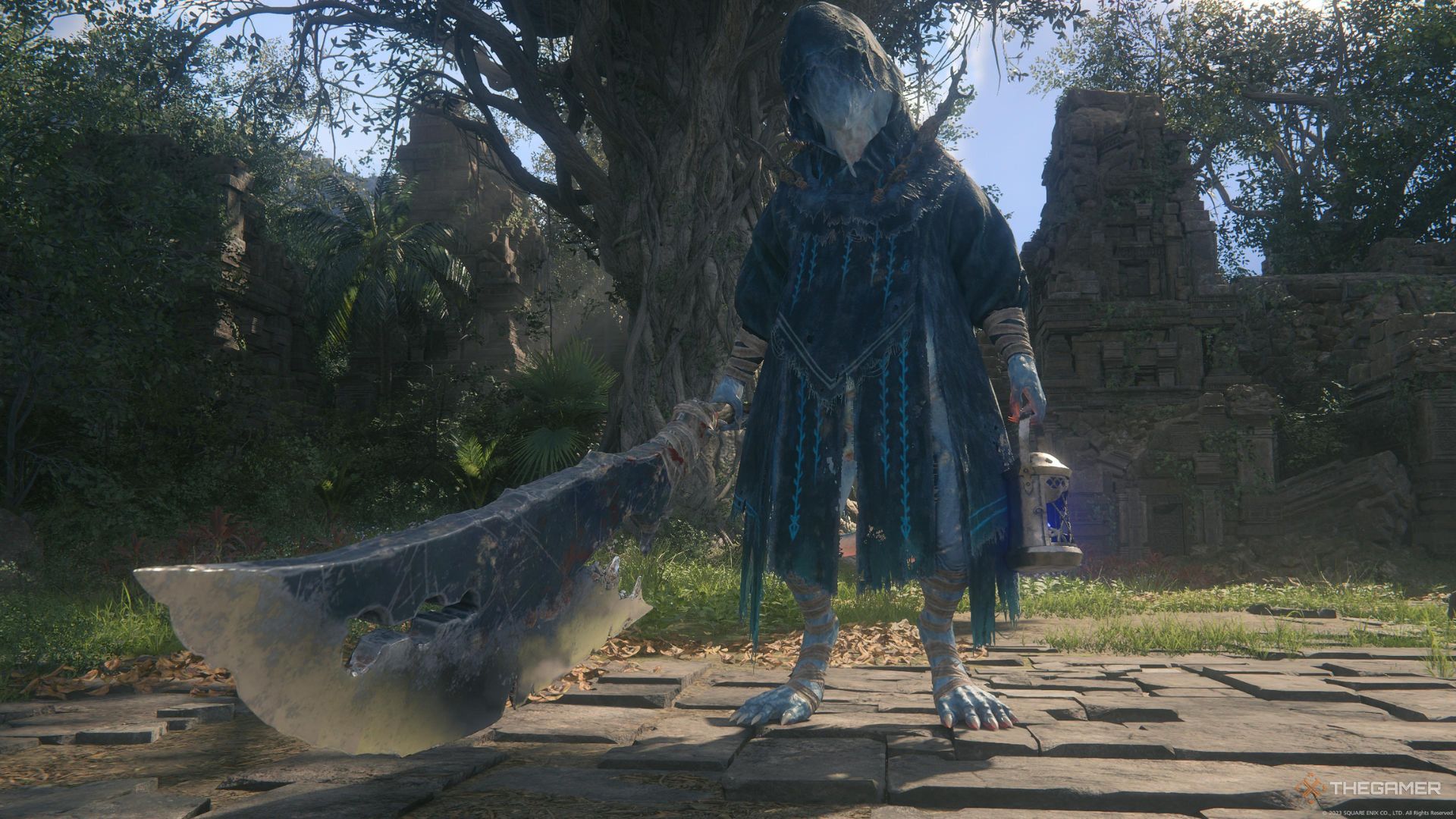 El Maestro Tonberry preparándose para la batalla en las ruinas cercanas al Aire de las Horas en Final Fantasy 16.