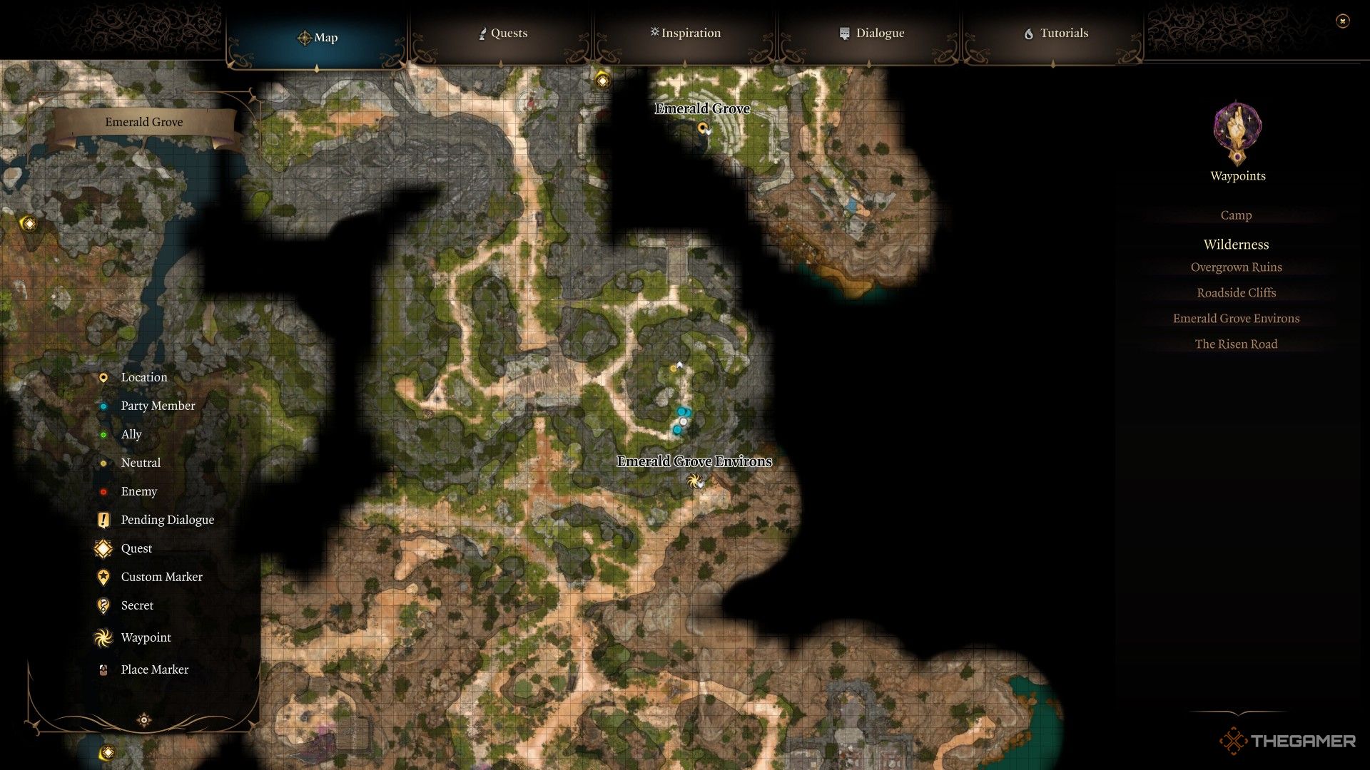 El grupo de Nadira y Tav como se muestra en el mapa del mundo en Baldur's Gate 3.