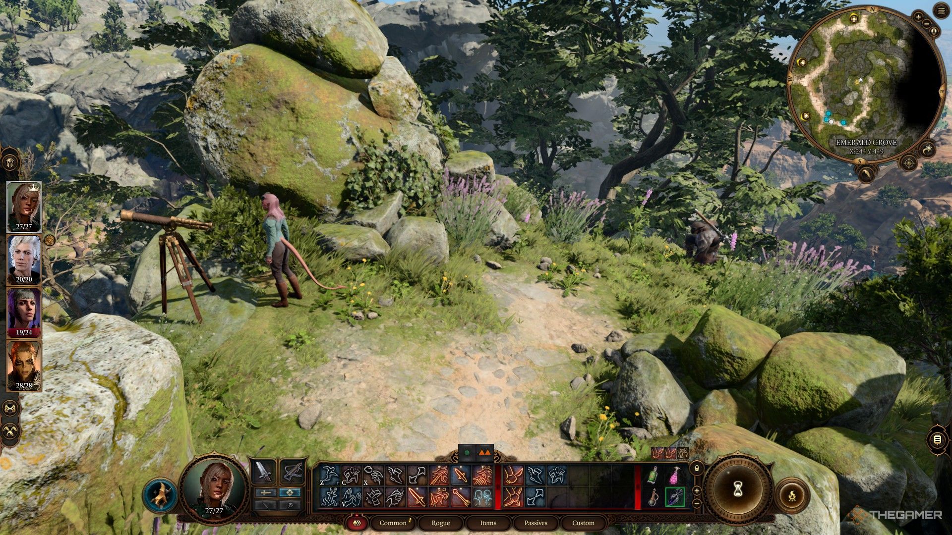 Nadira parada junto al telescopio mientras el asesino insecto acecha en Baldur's Gate 3.