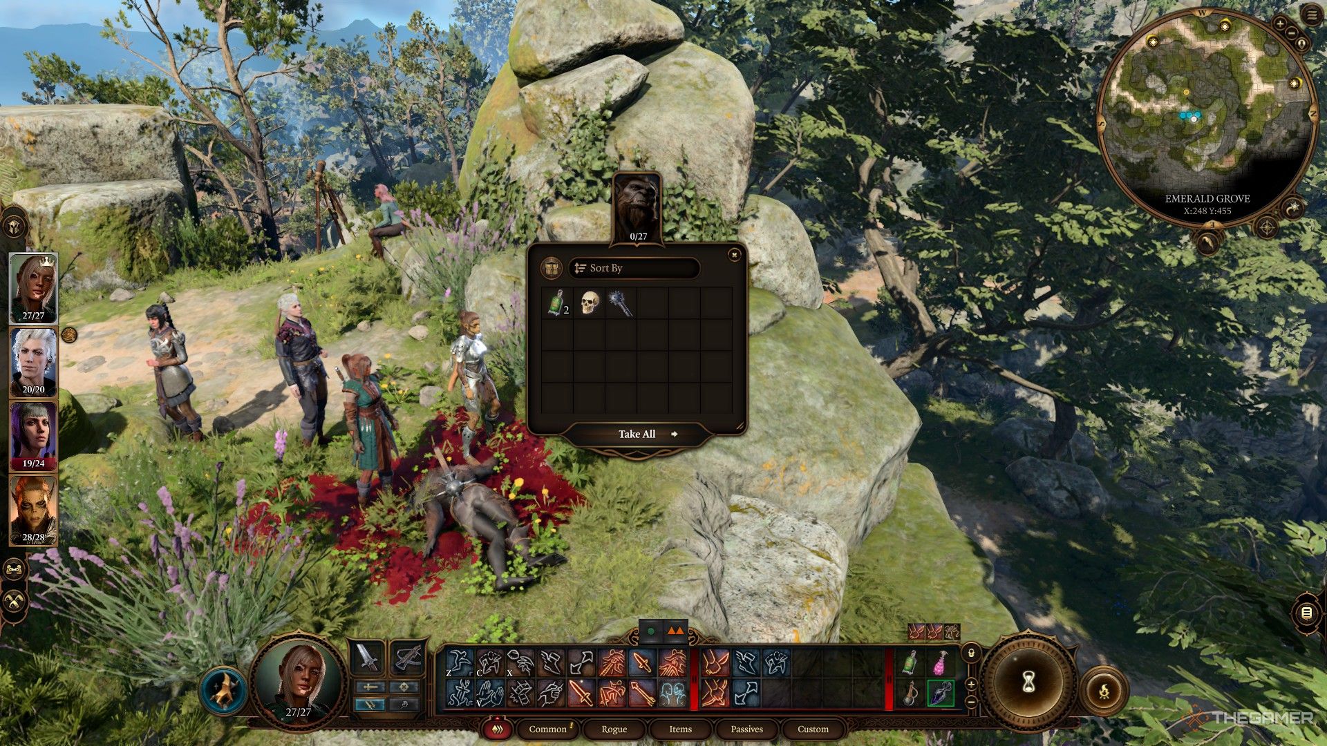 Tav saqueando el cuerpo del asesino oso muerto en Baldur's Gate 3.