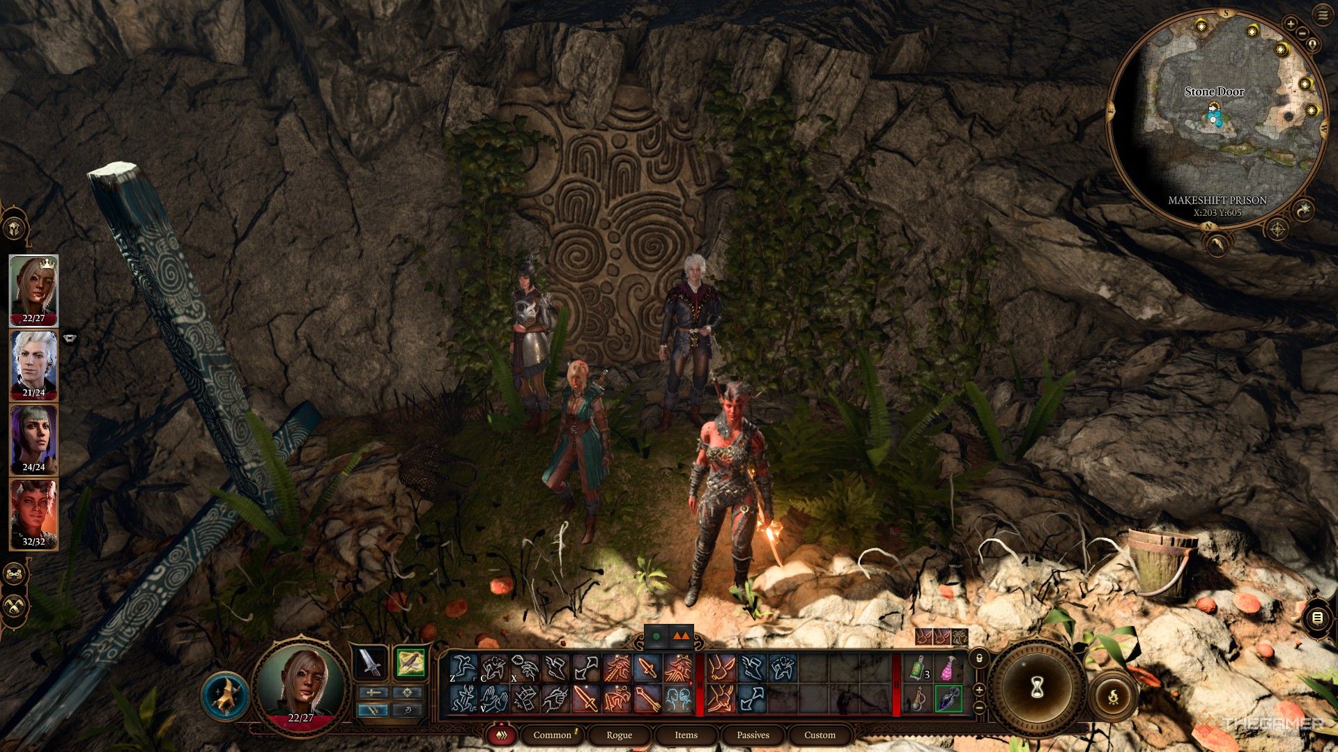 Tav y su tripulación parados frente a la puerta de piedra de la prisión improvisada en Baldur's Gate 3.