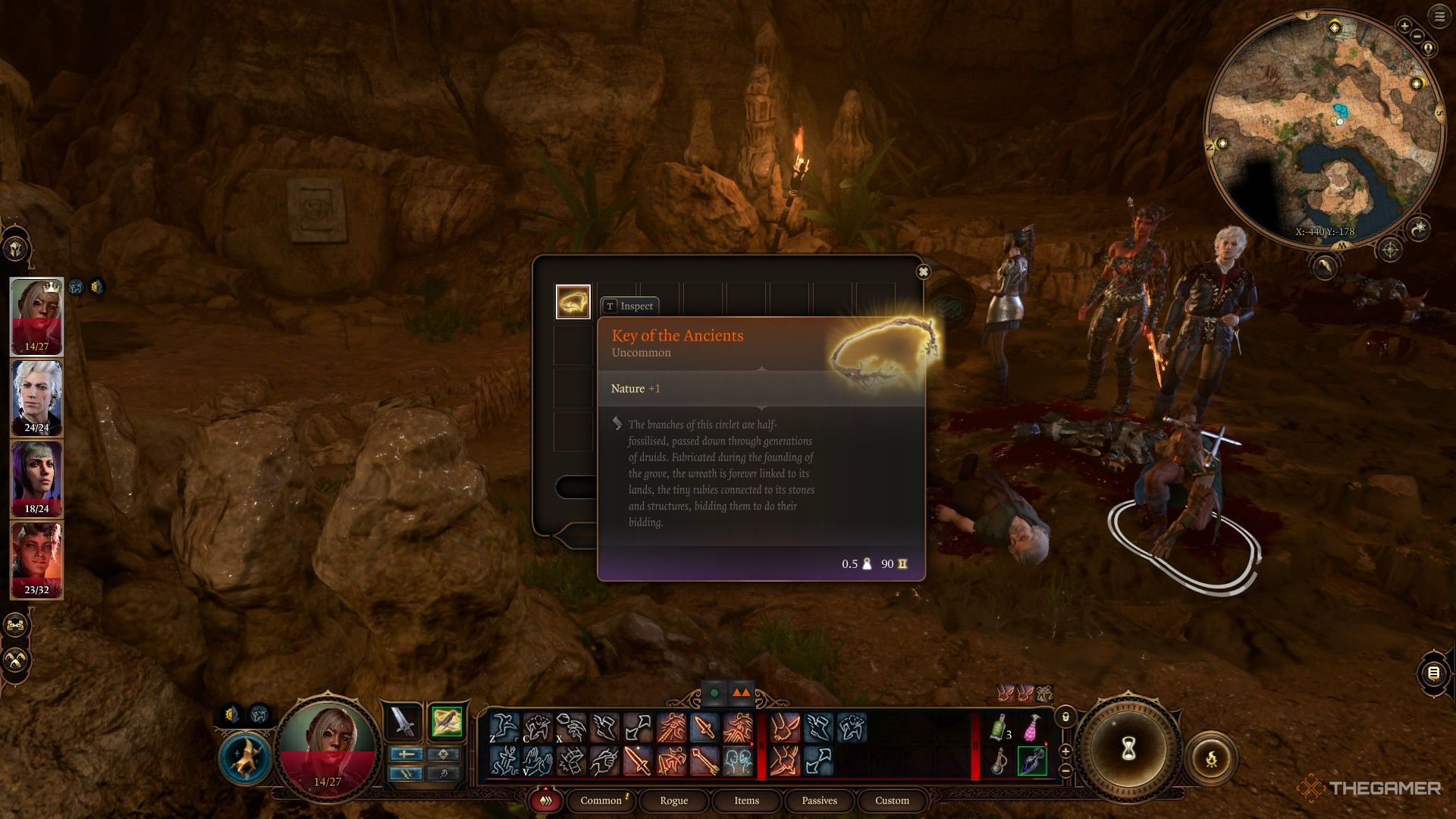 Tav robando al inconsciente Findal en una cueva en Baldur's Gate 3.