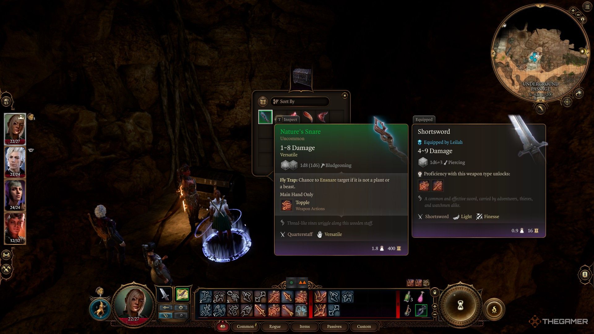 Tav abre un cofre de madera y ve las estadísticas del arma Nature's Snare en Baldur's Gate 3.