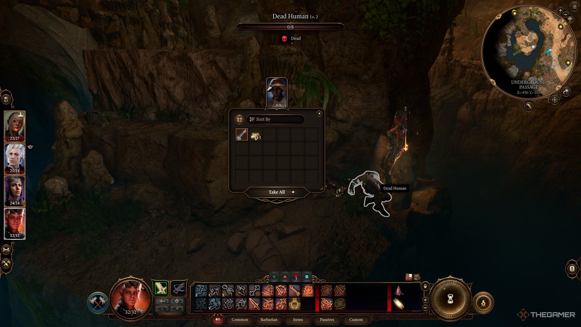 Karlach saqueando un cadáver en una isla pedregosa en Baldur's Gate 3.