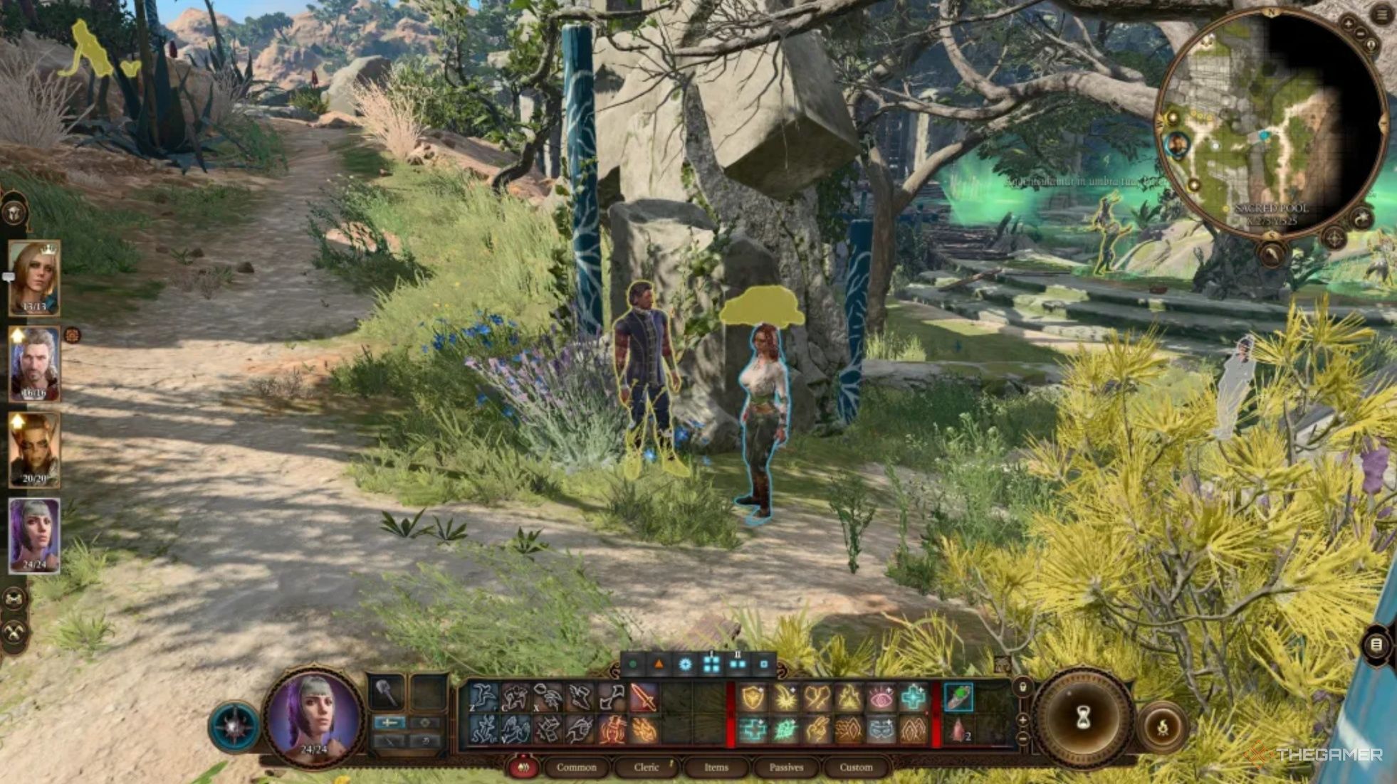 Tav y Raphael parados uno al lado del otro cerca de una arboleda boscosa en Baldur's Gate 3.