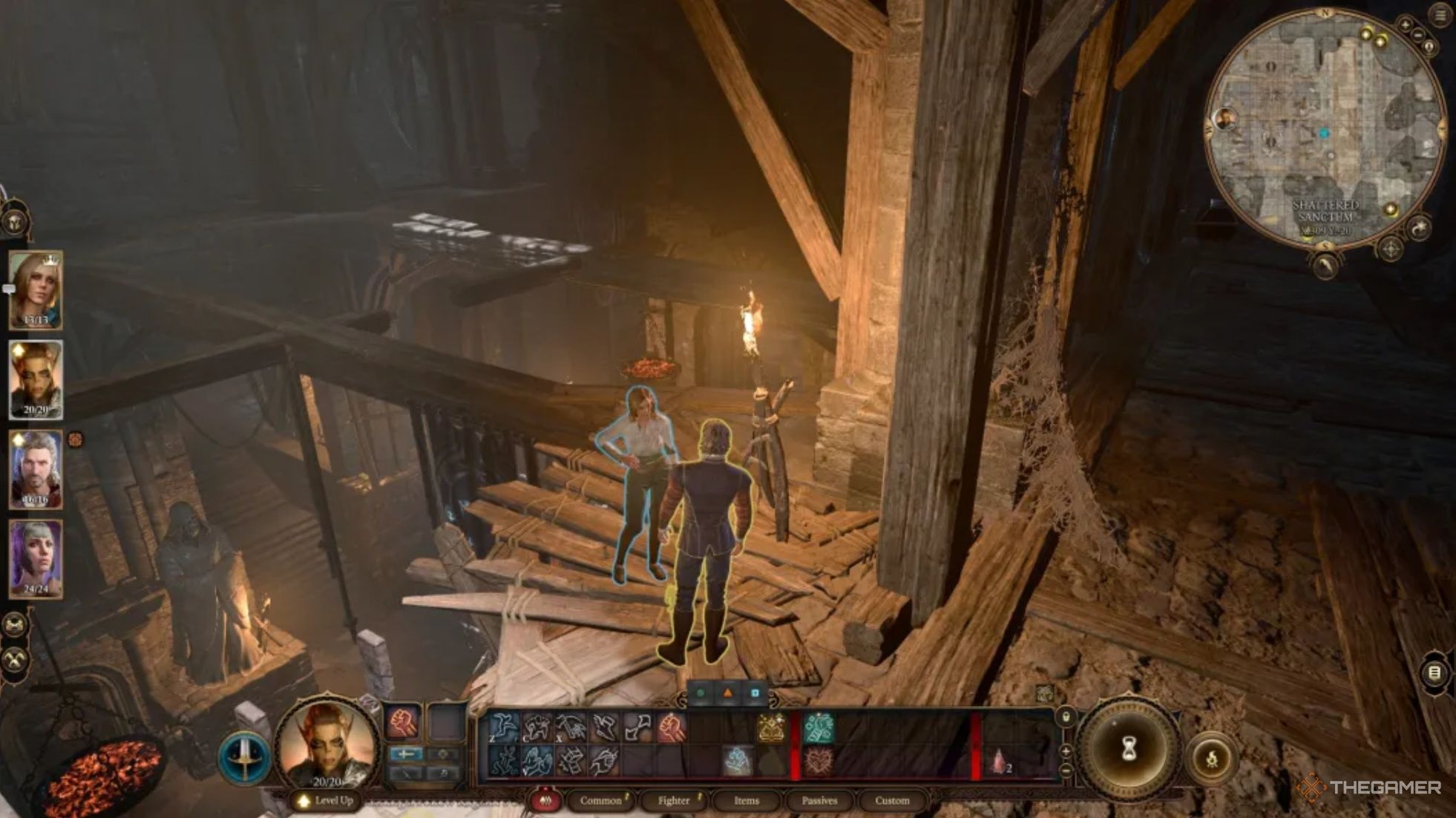 Tav y Raphael hablando en las vigas de un templo abandonado en Baldur's Gate 3.