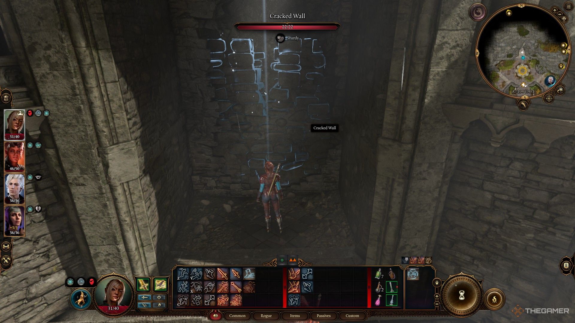Tav parado frente a un muro de piedra agrietado en Baldur's Gate 3.