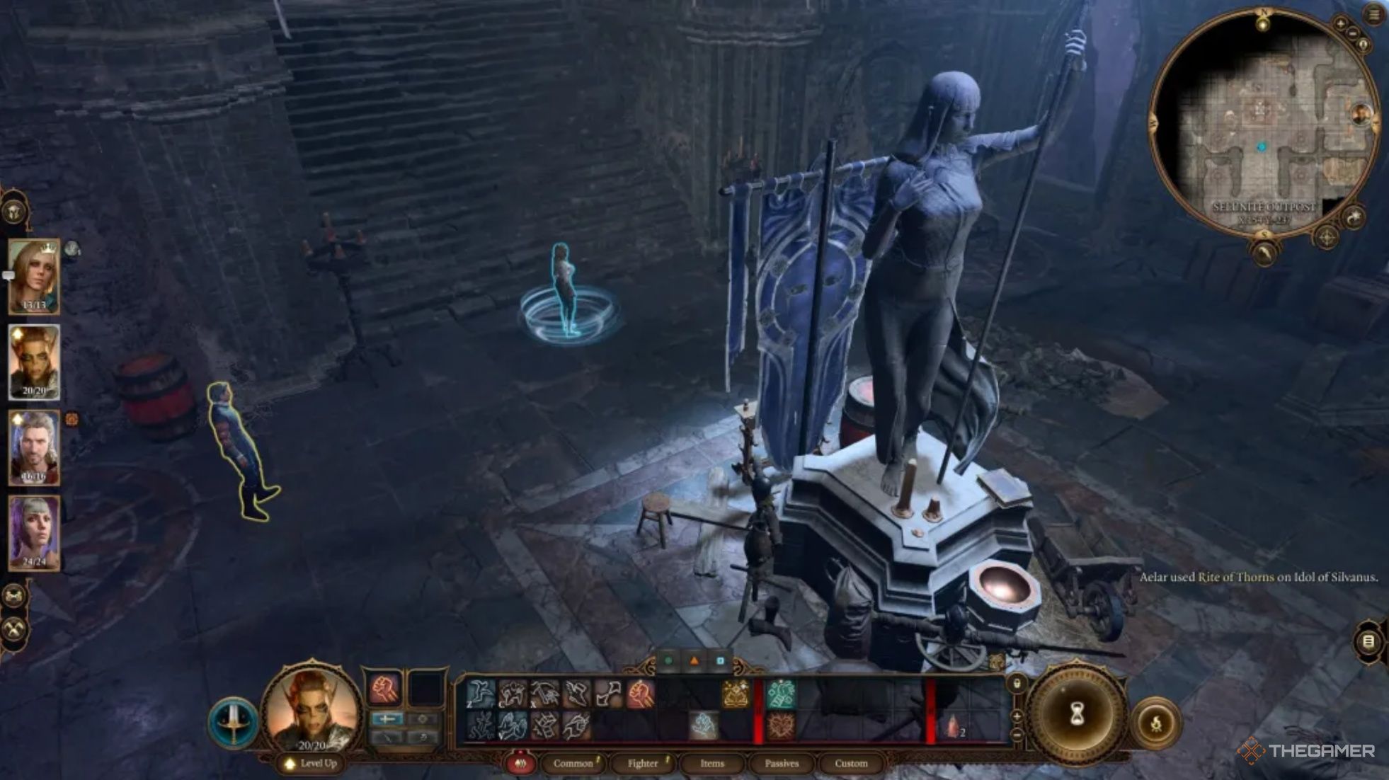 Raphael esperando a Tav en un puesto religioso con poca luz en Baldur's Gate 3.