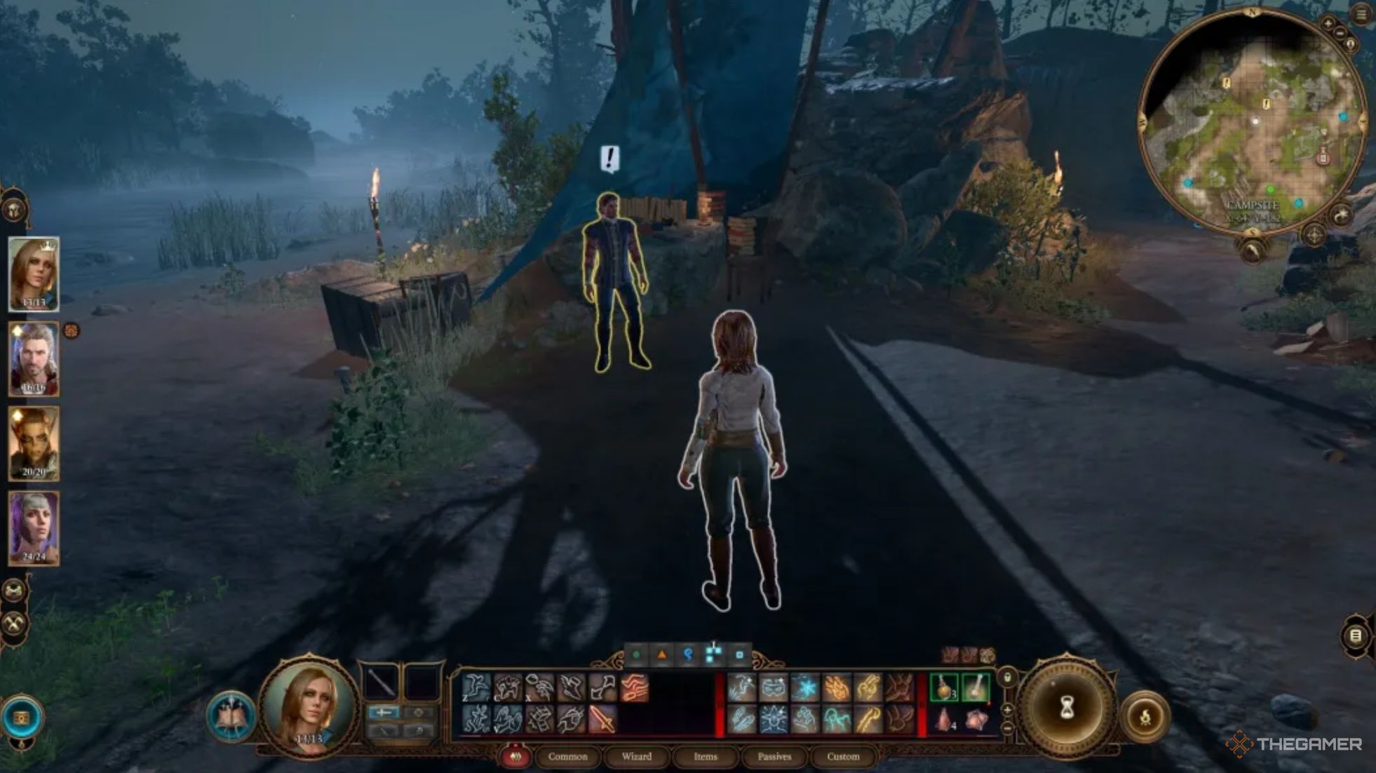 Raphael esperando a Tav en un campamento junto al lago en Baldur's Gate 3.