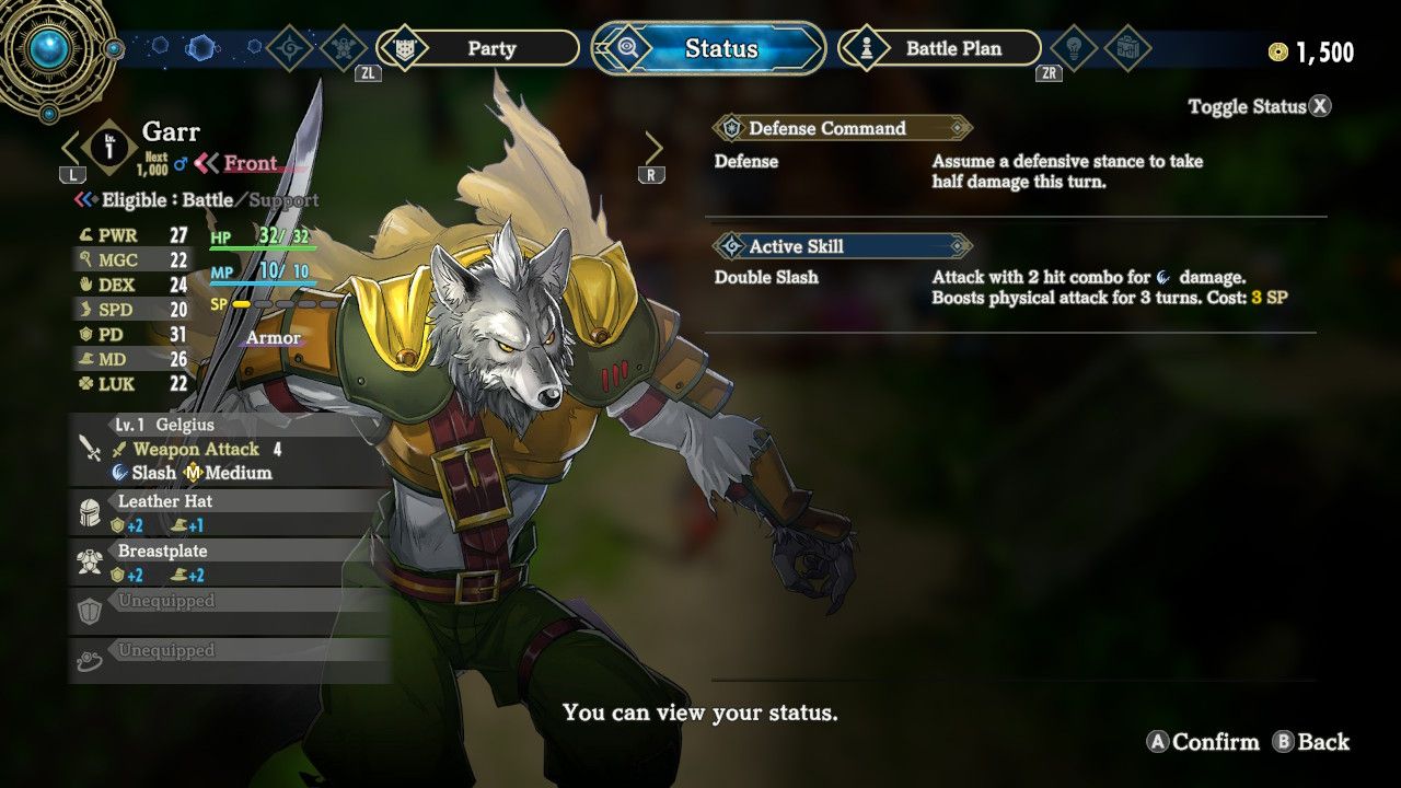 Pantalla de estado de Garr de Eiyuden Chronicles: Hundred Heroes.