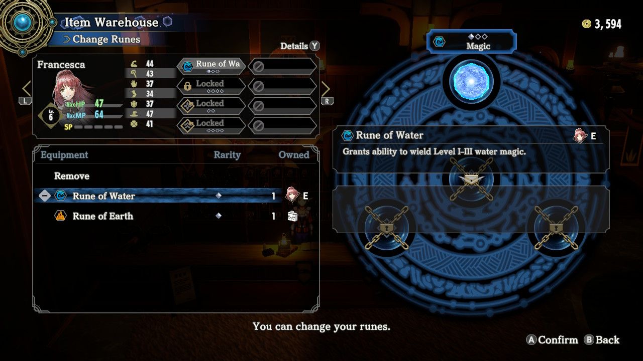 Una captura de pantalla de Eiyuden Chronicles A Hundred Heroes que muestra a Francesca con la Runa del Agua equipada.