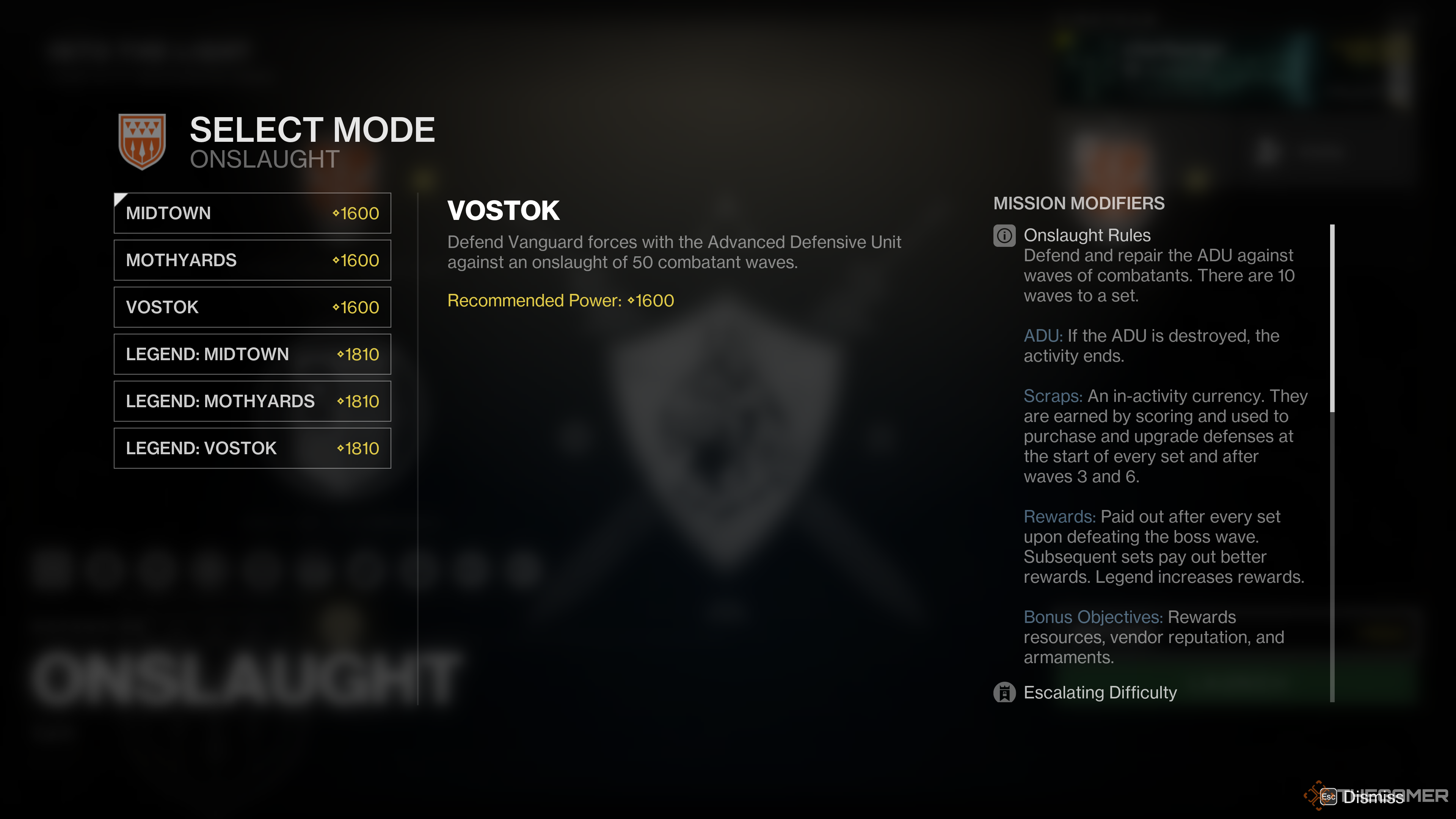 Opción de menú Vostok de Destiny 2 Onslaught