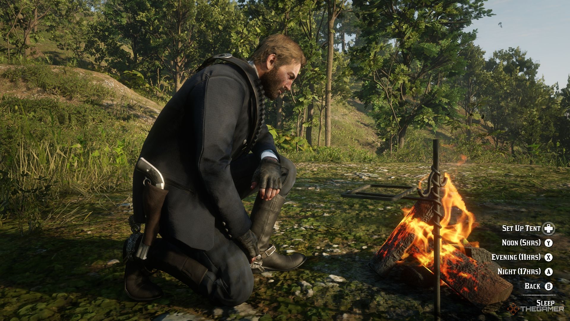 Red Dead Redemption 2 Arthur de rodillas en el campamento