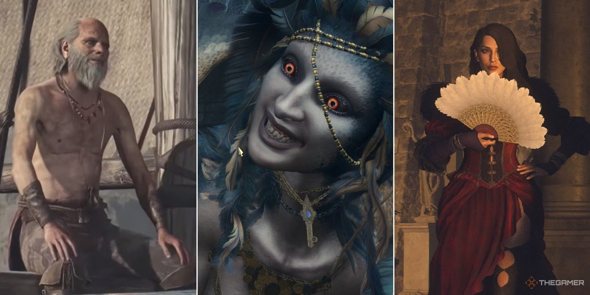 Collage de Dragon's Dogma 2 que muestra al anciano rivage, la esfinge y guillermina