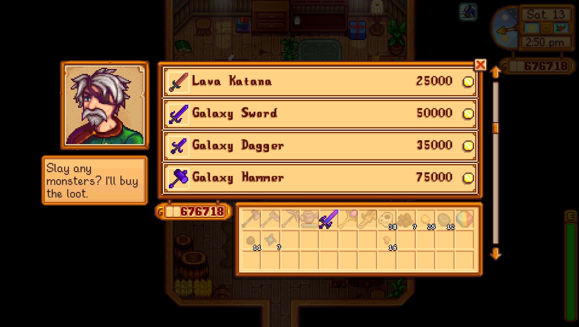 Tienda del gremio de aventureros con las armas galácticas desbloqueadas. Espada galáctica de Stardew Valley.