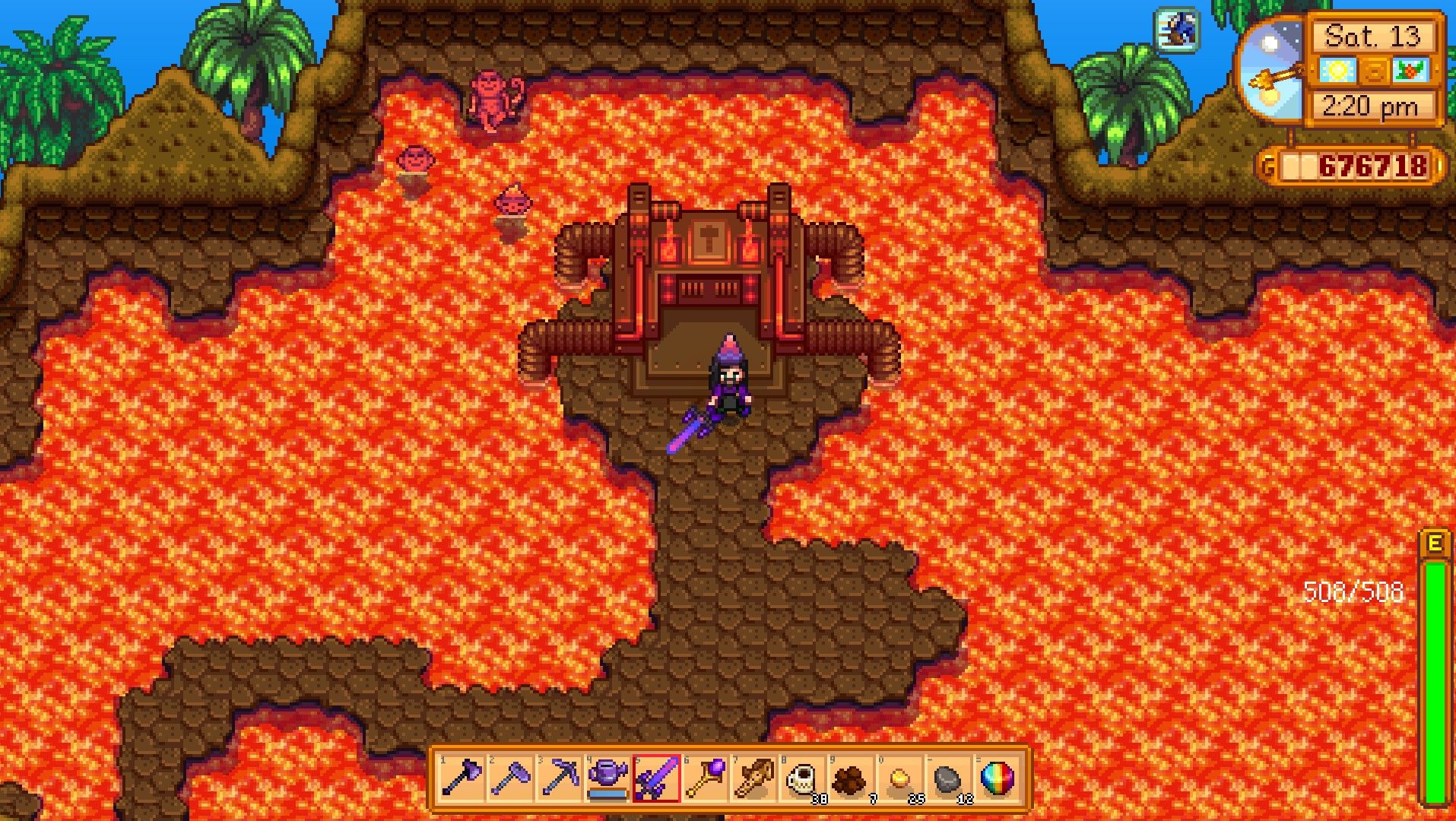 blandiendo una espada infinita en las armas de la galaxia del valle stardew de la forja del volcán