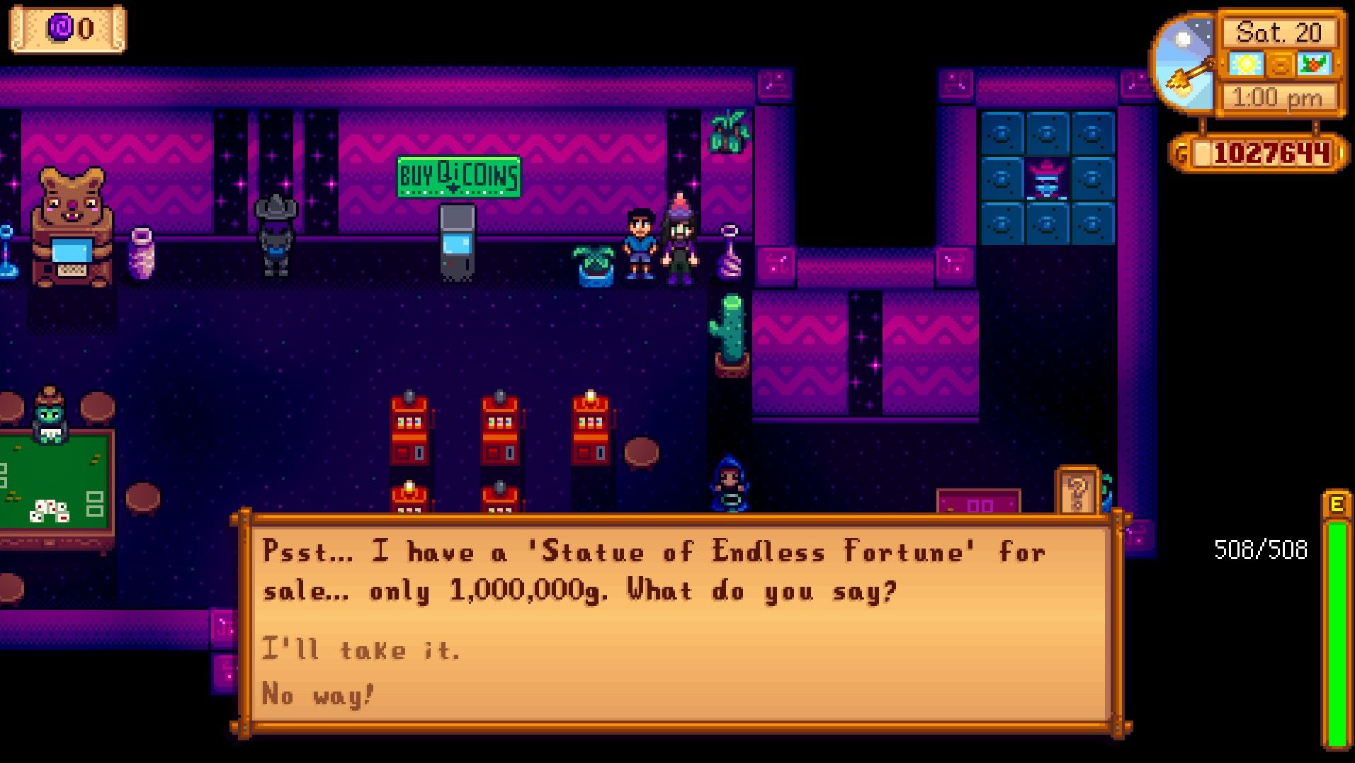 el hombre del casino que vende la estatua de la fortuna infinita stardew Valley